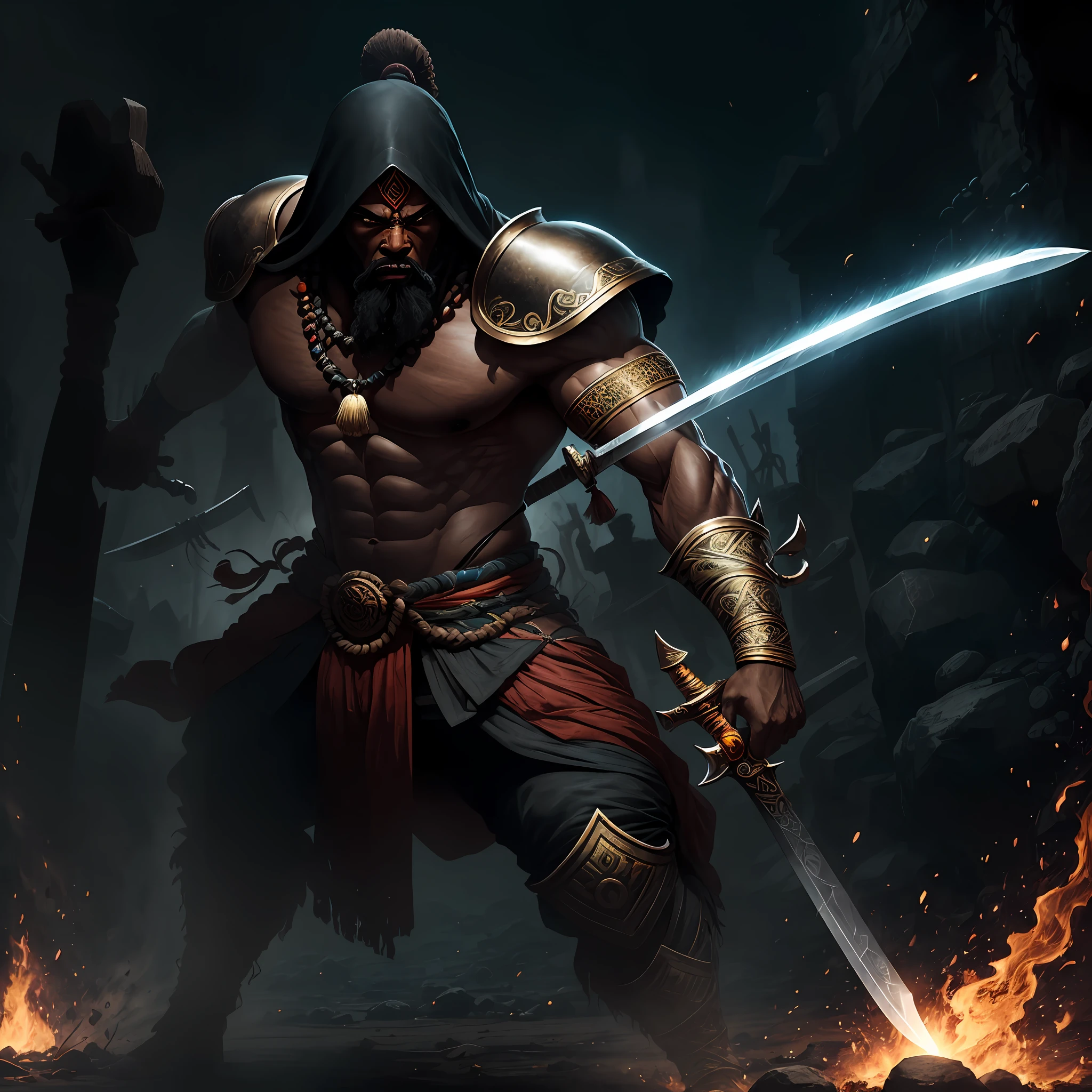 Develop an artificial intelligence image that depicts the Ogum orisha in an imposing and powerful way. Ele deve ser representado como um homem negro, with a determined and athletic expression. In his hands, he wields his characteristic sword, que brilha com um tom azulado intenso. Ao fundo, There may be elements that refer to its connection with war and protection, as spears, escudos ou brasas ardentes. Be sure to capture the strength and striking presence of this orisha in its visual representation. --auto