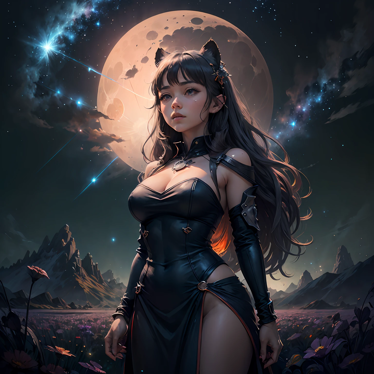 Expansive landscape photograph,(pov from below,Above is the sky,Below are open fields),A girl standing on a flower field looking up,(full moon:1.2),(shooting star:0.9),(nebula:1.3),distant mountain, Tree BREAK making art,(Warm light source:1.2),(fireflys:1.4),lamps,Lots of purple and orange,Intricate details,volume illumination,Realism BREAK(master-piece:1.2),(best qualiy),4K,Ultra-detailed,(Dynamic composition:1.4),big breasts very detailed,Colorful details,(iridescent colors:1.2),(Glowing Lighting,Atmospheric lighting),dreamlike,magical,(独奏:1.2) --auto