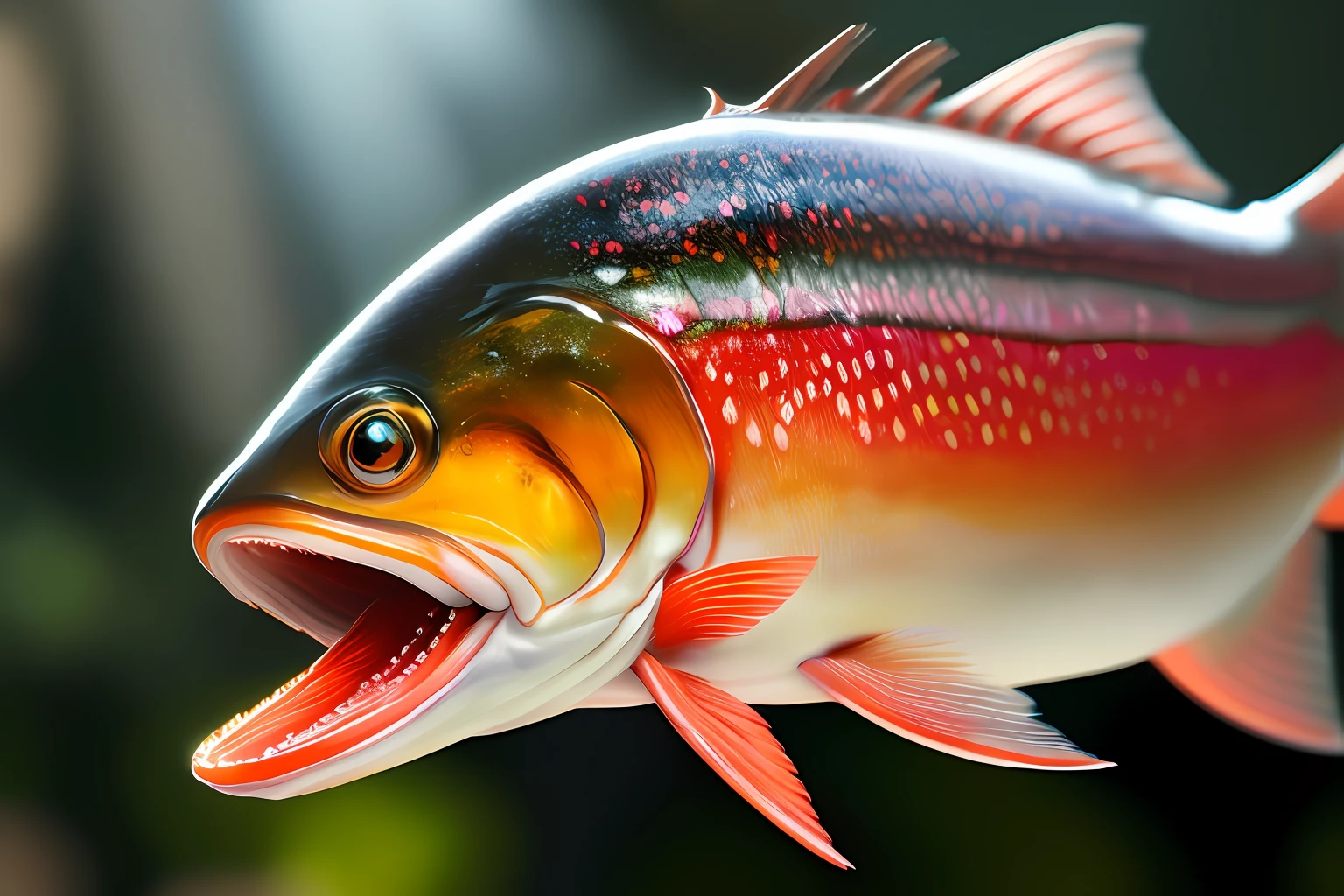 there is a fish that is looking like it is biting something, ultra realistic 3d illustration, hyperrealistic illustration, highly realistic and detailed, ultra - realistic and detailed, hyper real highly detailed, hyperrealistic illustration, highly detailed and realistic, hyper realistic detailed render, photorealistic highly detailed, highly detailed photorealistic, highly detailed realistic, hyper realistic detailed --auto