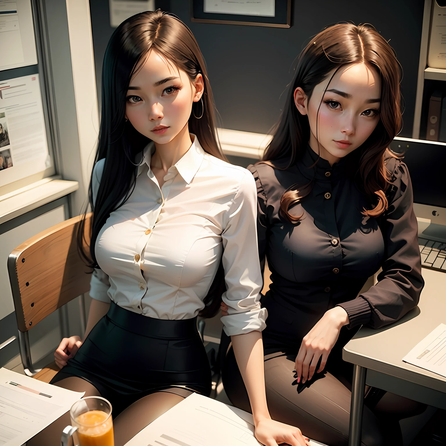 best qualiy, Full body like，Refined face，pretty faces，25 years old woman，slimfigure，Smaller bust，OL uniform，Office wear，black silk stocking，Office scene，Seated position，lifelike --auto