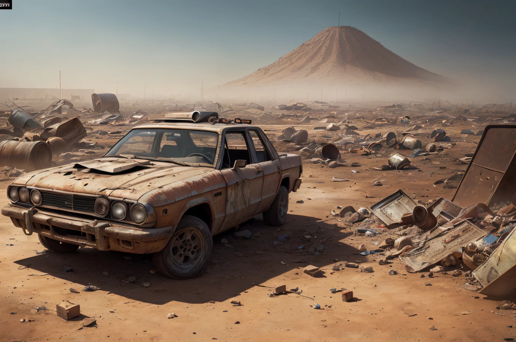 ((photo)), ((best quality)), ((masterpiece)), ((detailed)), ((cinematic), ((captured from eye level)), a large damaged warped metal wall backdrop, an apocalyptic wasteland and a dust storm background, random metal junk and debris is prominent.