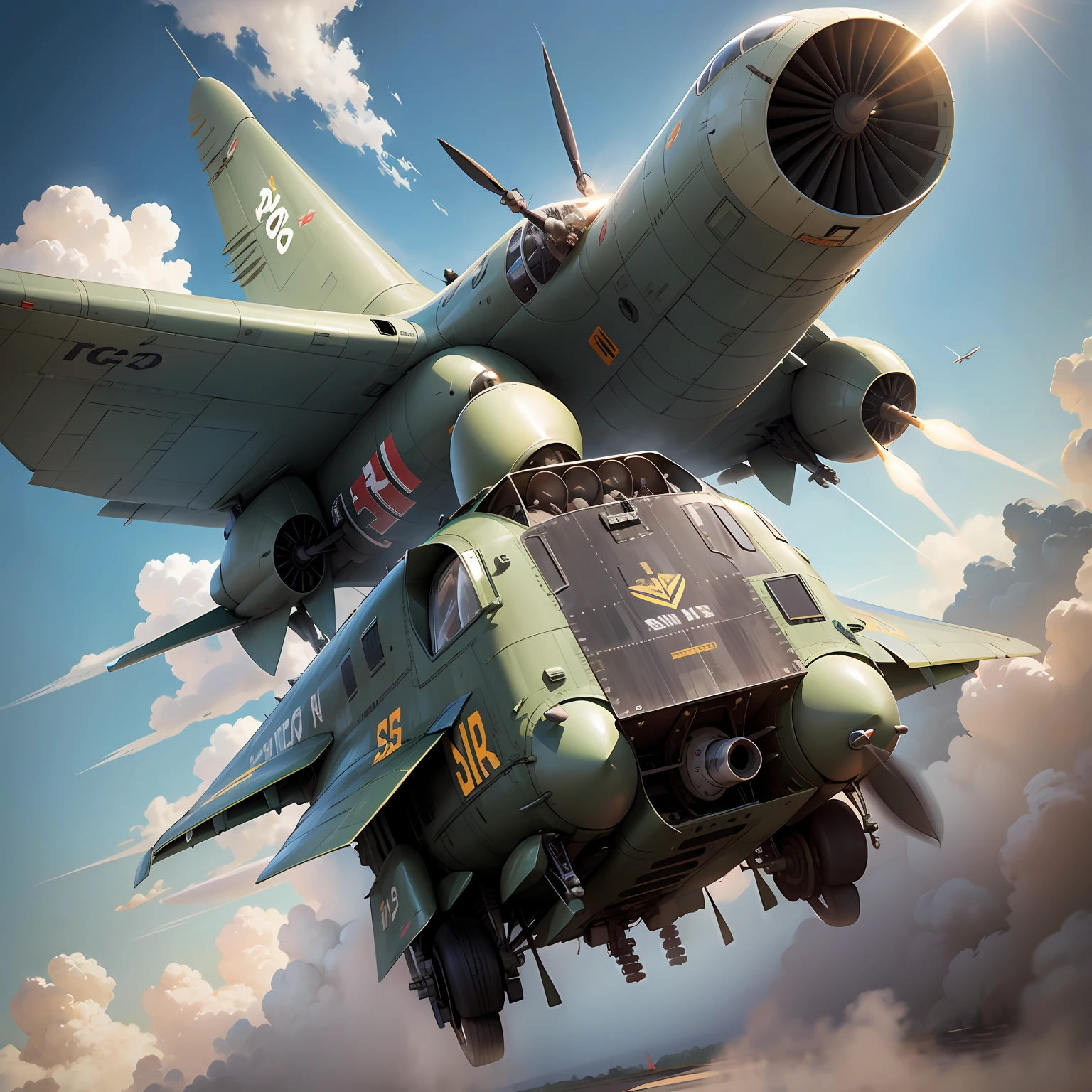 Please generate a picture of a lazy sheep flying a plane in the green grassland --auto