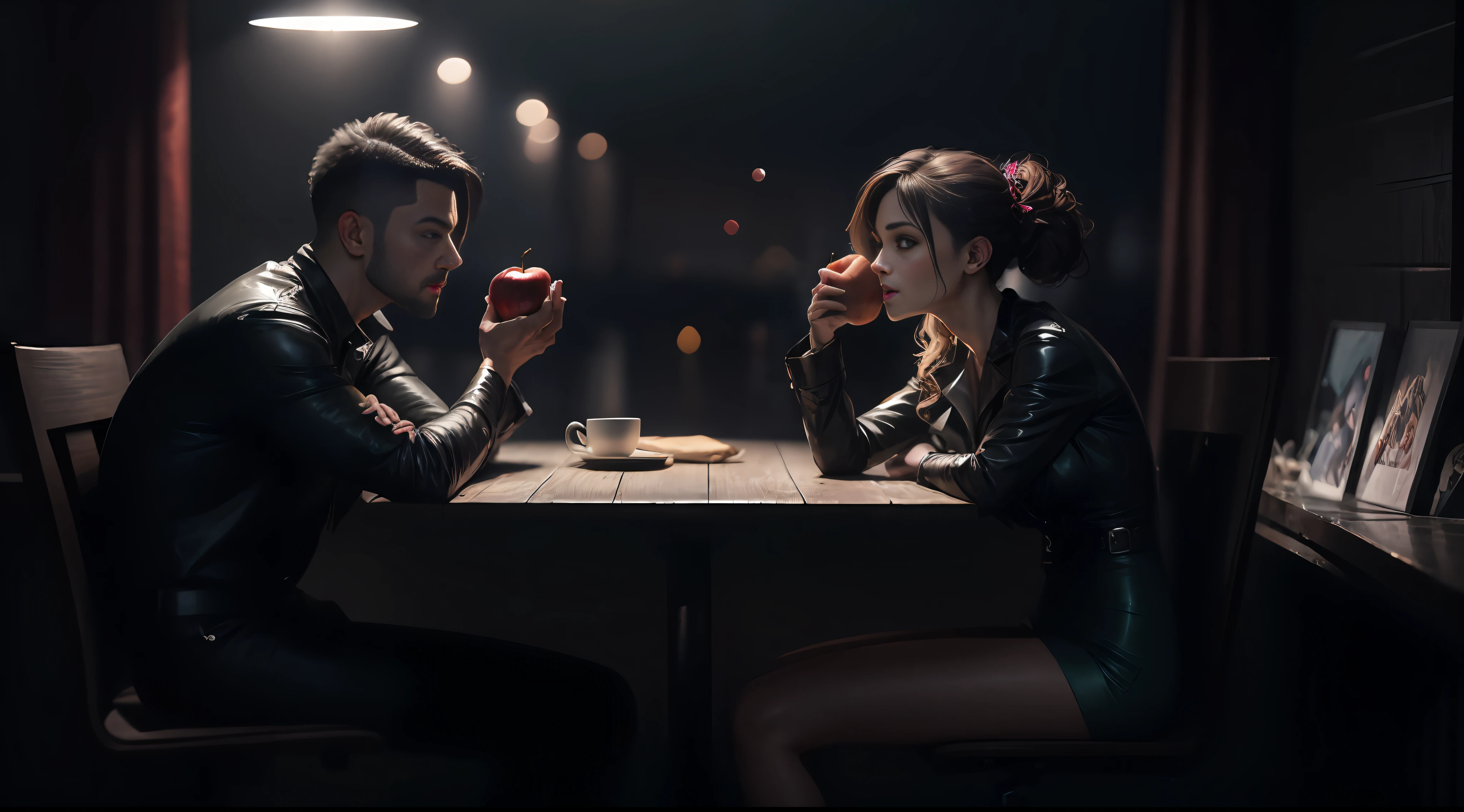a man and a woman who are eating an apple, adam and eve,Arte Digital, Shutterstock,arte conceitualde arte HD,media act, realisticamente,imagem de alta qualidade4k,full body 8k uniform rendering, poros da pele, Very dim lighting, sombras pesadas, detalhadas, rosto detalhado, (Vibrando, fotorrealista, realista, Dramatic, Escuro, Crisp Focus, 8k), (complexo: 1.4), decadence, (alto detalhe: 1.4), Pintura digital, octane rendering, Artstation, arte conceitual, liso, Crisp Focus, ilustration, Artgerm Art, (Loish: 0.23), Wlop Ilya Kuvshinov e Greg Rukowski e Alphonse Muito obrigado, (global lighting, studio light, volumetric light), particle floating --auto