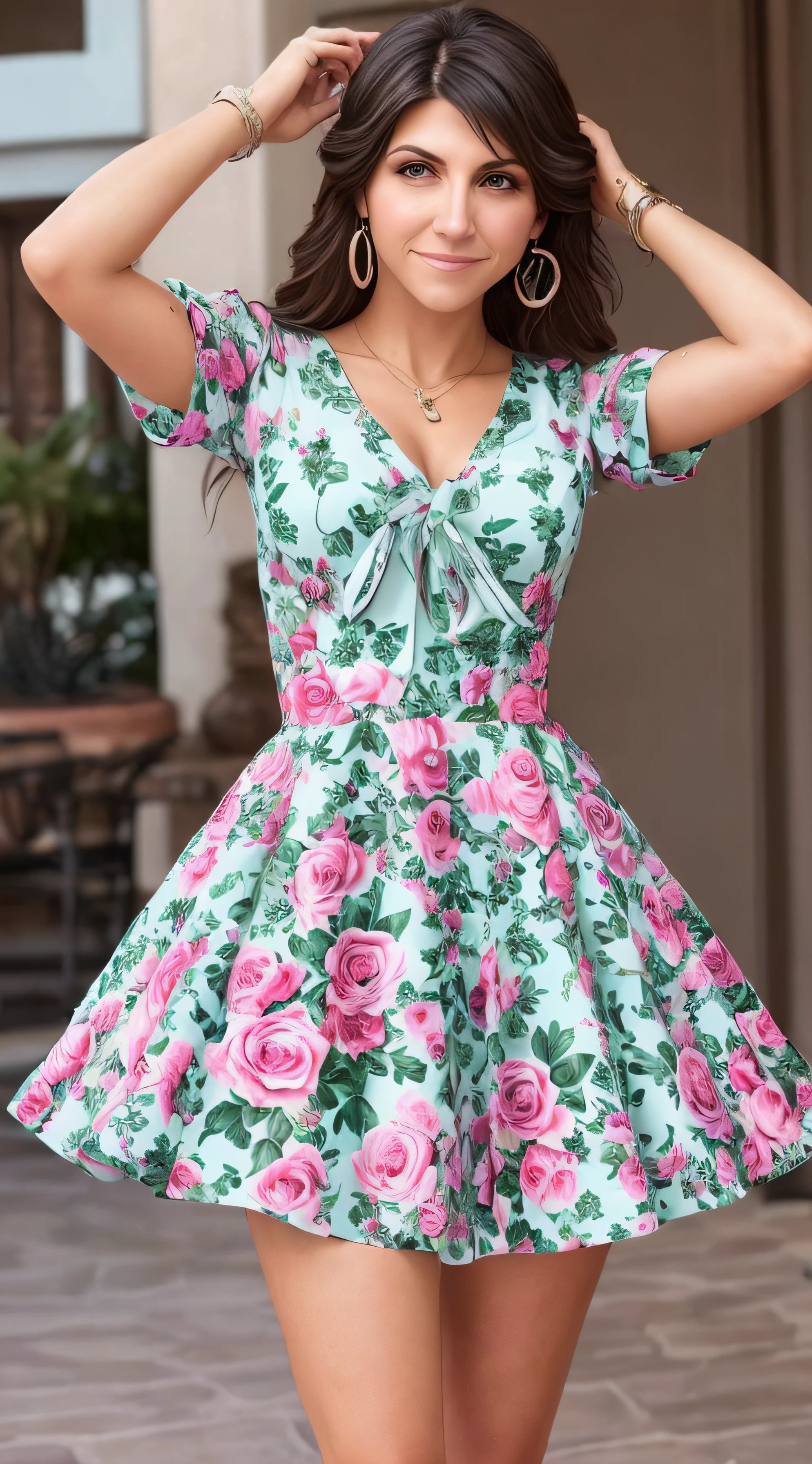 A foto linda de Jennifer Esposito ((Fotorealista)),vestido branco com estampas de rosas vermrlhas em uma moldura dourada --auto
