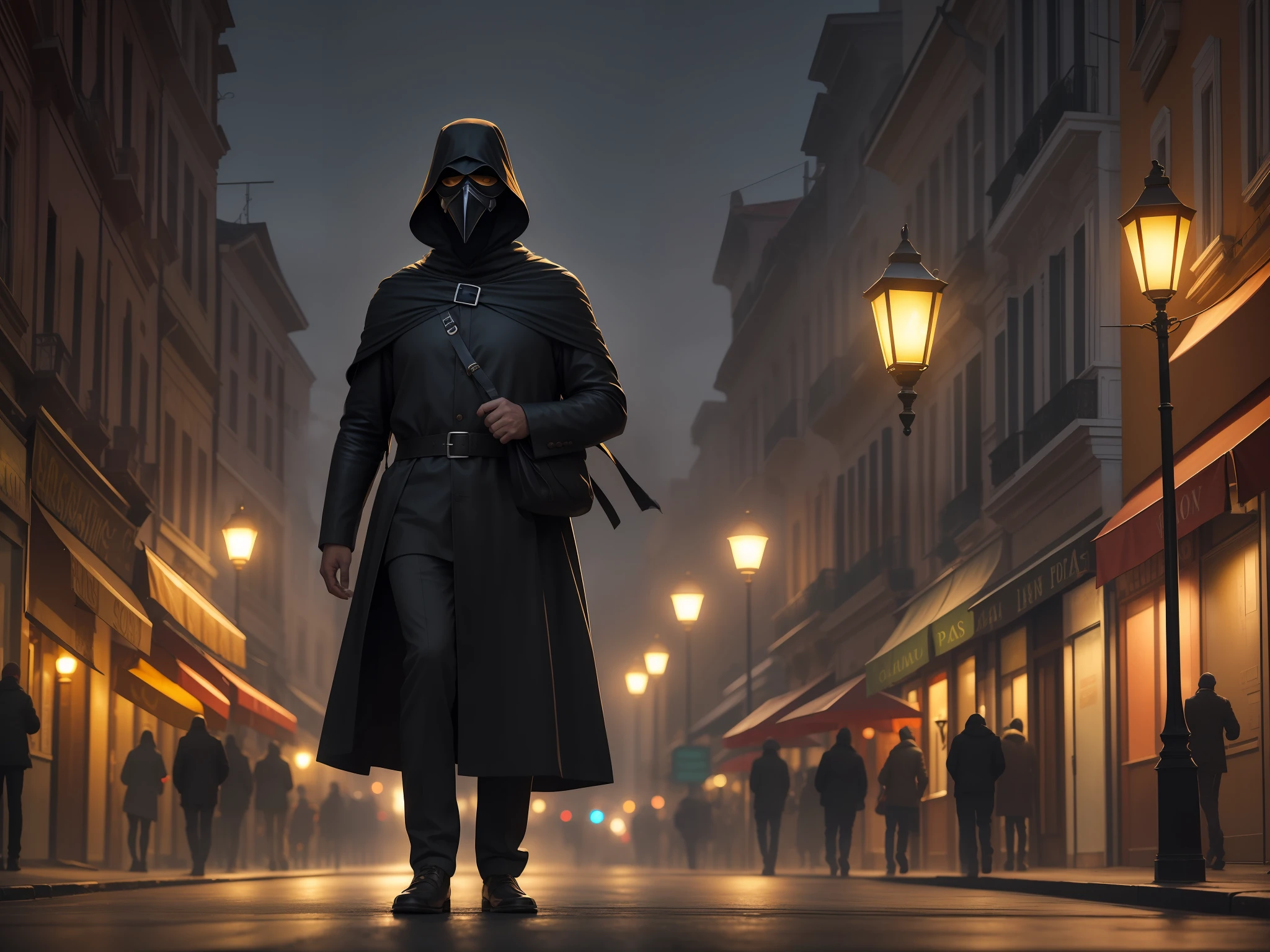 Man in plain black bird beak like plague mask, figura completa vestida de preto, thick foggy night in old Rome city lit by yellow gas lamps standing on poles, 18k, design e detalhes intrincados, dramatic lighting, hiper-realismo, HD crisp photorealistic, dramatic photo