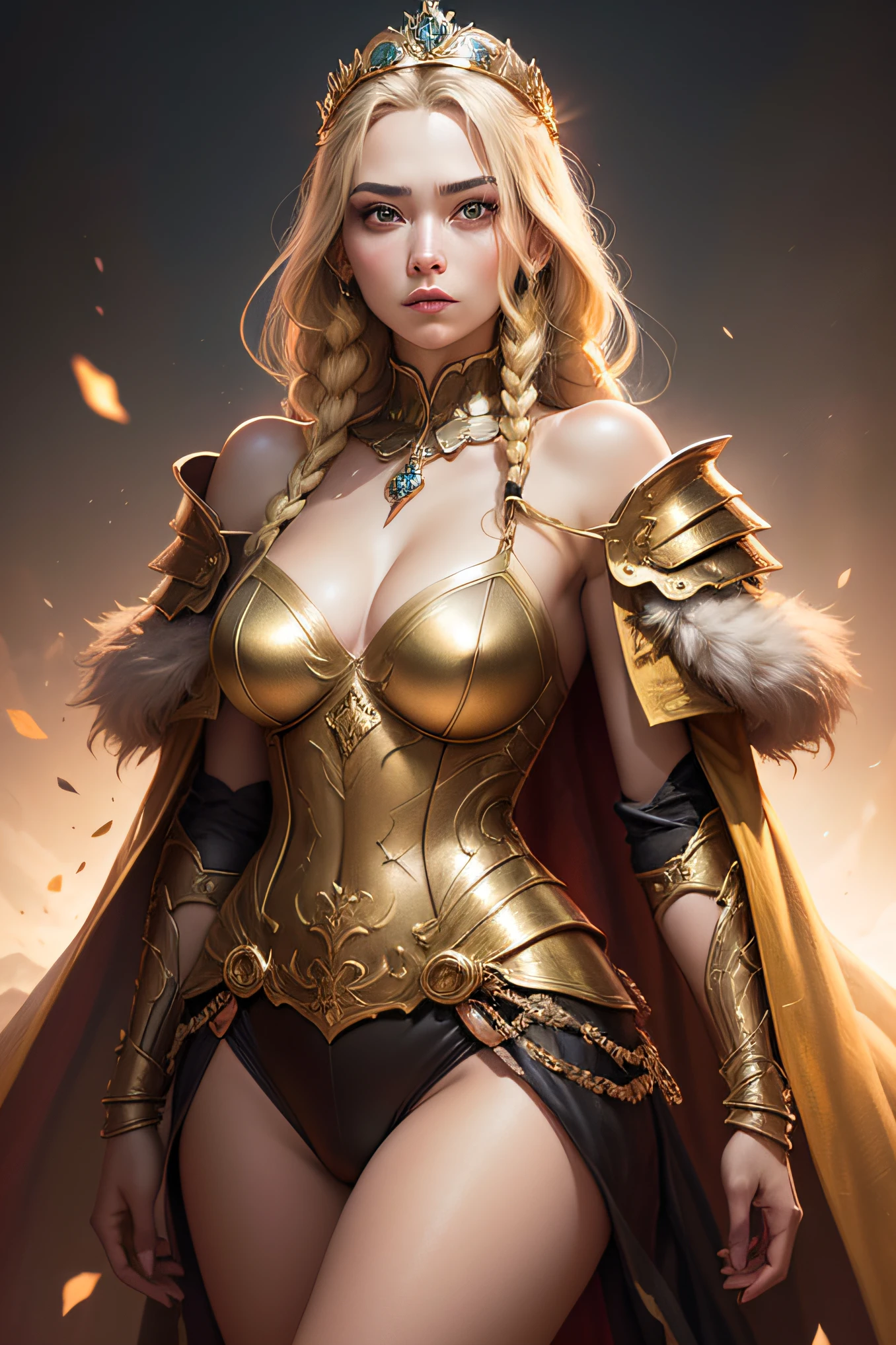 Blonde haired woman with braids, (medieval punk green neckline armor). Bright chrome gold lingerie with sharp reflections. Gems. Bare shoulders. (tiara). Low muscle definition. Beautiful legs. Bare shoulders visible. Detailed lighting. Artwork. Extreme beauty. Clothing with intense colored gradient effect. Professional image with high saturation. Professional camera. Illustration. Vibrant colors. vibrant yellow eyes, thin, fur cape, bright golden eyes, symmetry, intense look, black details on clothes, golden aura