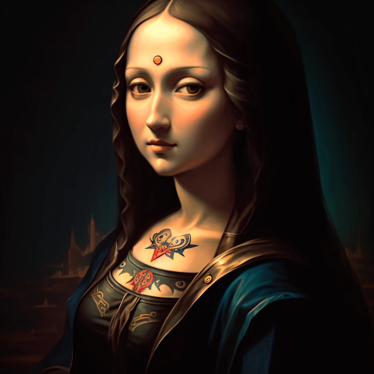 "Create a bold interpretation of Monalisa with tattoos on her arm that represent her modern personality, with elements such as music symbols, Contemporary art and pop culture references.” --auto