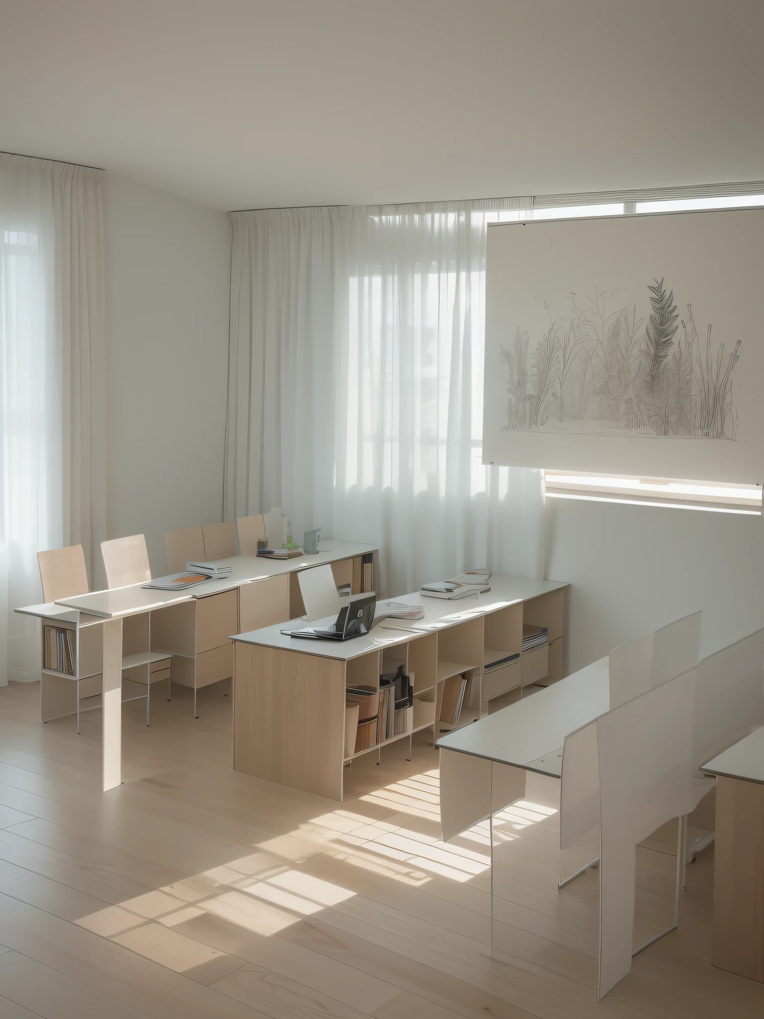 a simple sketch of a beautiful modern living room, white, (((foster and partners, artists impression, artistic impression, by Hamish MacDonald, by Carey Morris, by David Brewster, higher detailed illustration, by Helen Berman, an illustration, detailed illustration, by Nick Fudge, by Warren Mahy, artist's impression))), a white sofa, with minimal pictures on the wall, linen curtain next to the classroom window, modern wood, [ceiling with magnetic emissive lighting], white fabric PRB textures, wooden floor PRB texture,