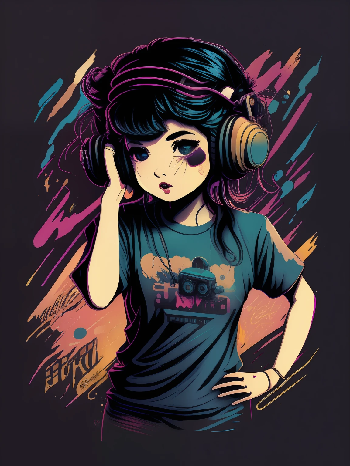 Vintage Poku girl with headphone character design,Stickers,full body in shot,style of anime,Trigger studio style,comic art,comics,ink,Graffiti art,graphics,Neon color,Golden ratio composition,t-shirt design,8k