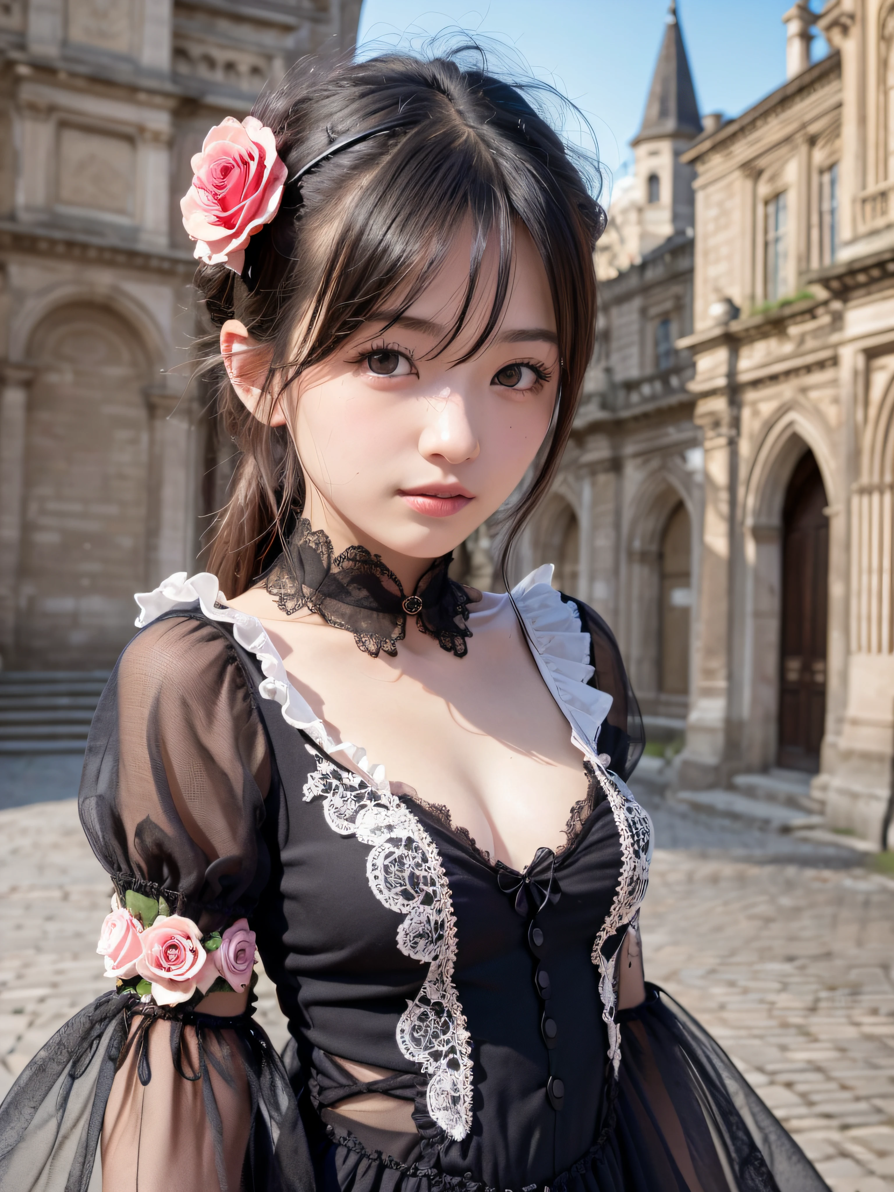 (realistic, photo-realistic:1.37), incredibly absurdres, (insanely detailed:1.3), 8k, (masterpiece), (best quality:1.4), (ultra high res:1.2), (RAW photo:1.2), (unity 8k wallpaper), 1 nogizaka girl, utterly cute, (bishojo:1.35), (15yo:1.4), (jirai-kei fashion), an exquisitely detailed and beautiful face and eyes and skin, detailed black shine hair, elegant frill, rose hair accessory, a dress with delicate lace, soft fabric, and a beautiful rose pattern, smile at the camera, full body, castles scenery in europe, professional lighting