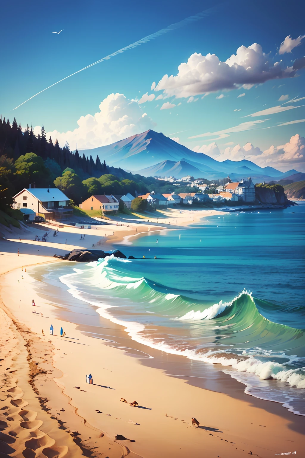 An amazing sea beach，The fine white sand is covered with colorful shells，Small crabs crawl back and forth on the beach，The tide gently lapping against the shore，Fine waves form，A small peaceful fishing village can be seen in the distance，The house is nestled between green mountains and water，It gives a feeling of tranquility and warmth，Painting style，Watercolor paper，Color palette and brushes， --auto --s2