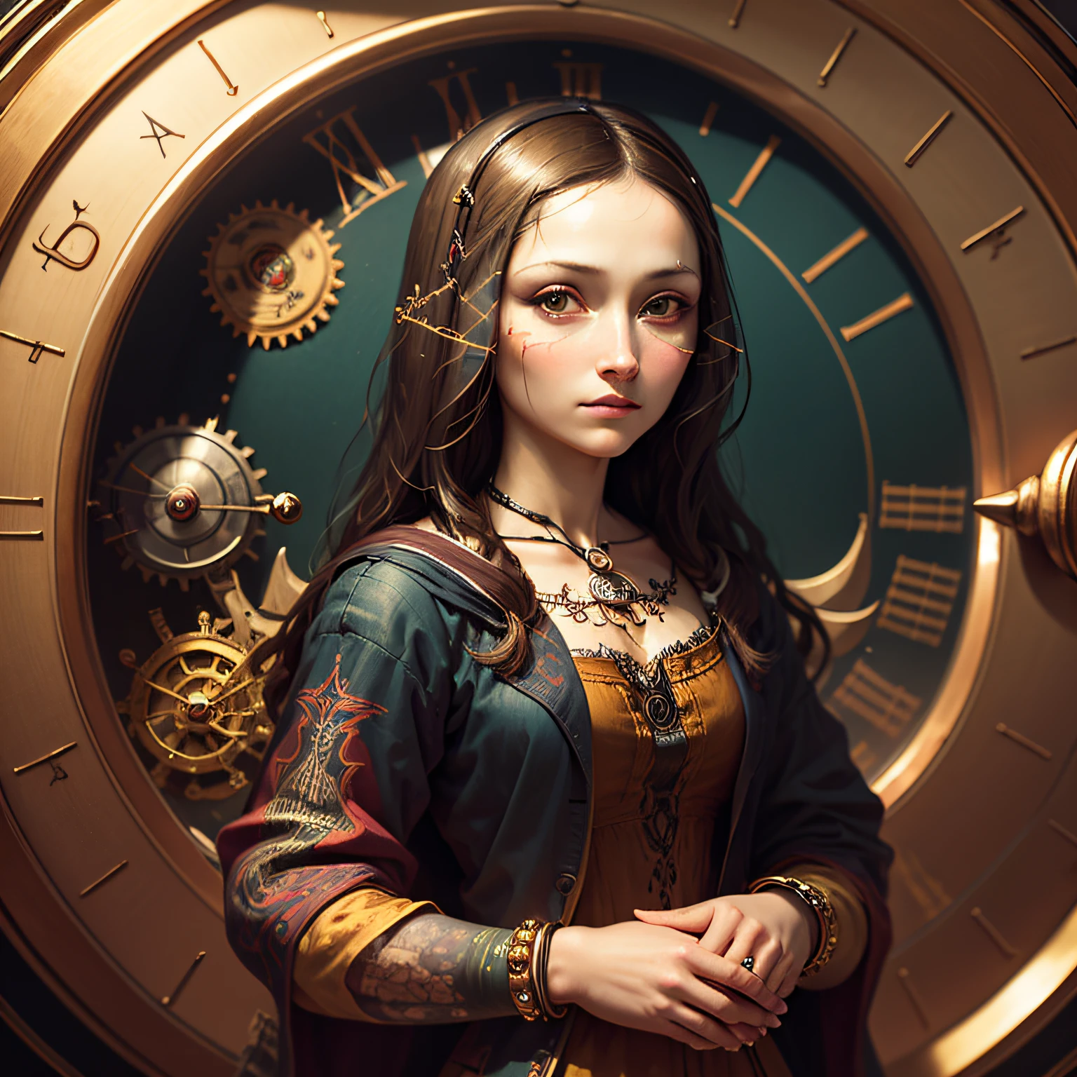 "Imagine Monalisa with tattoos that represent the passage of time, like antique clocks, Gears and astrological symbols, fused harmoniously with its classic appearance.” --auto