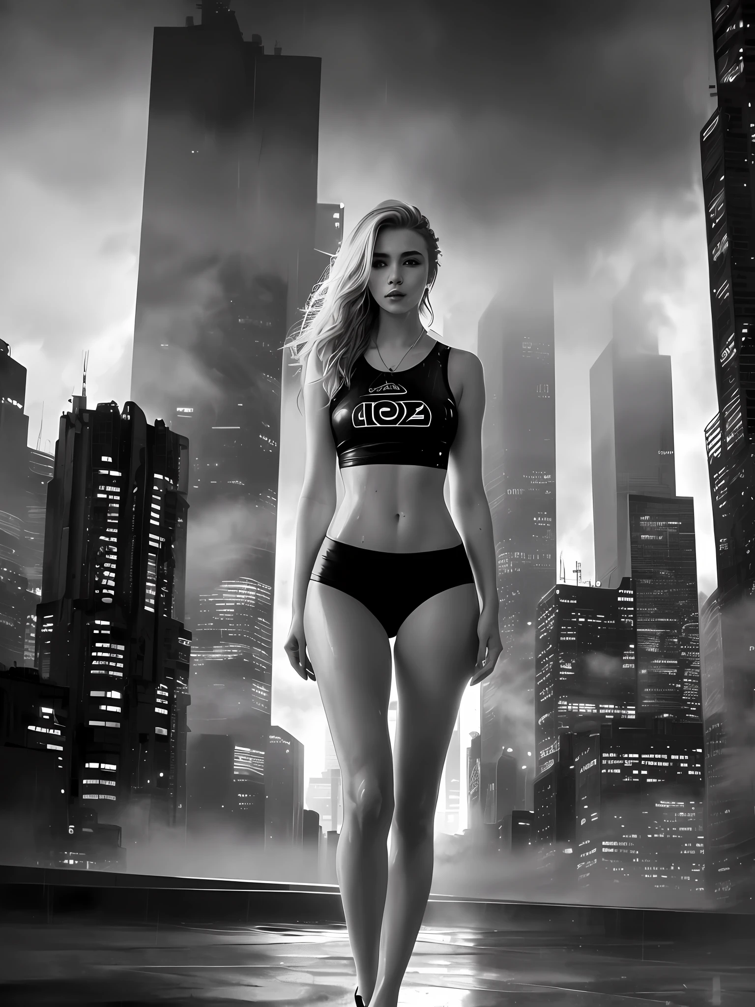 gorgeous blonde woman with wavy hair detailed alluring eyes Thigh gap long sexy legs wearing tiny shorts tshirt in beautiful futuristic cyberpunk+ city, mist, wet, raining, best quality masterpiece, photorealistic, detailed, 8k, HDR, shallow depth of field, broad light, high contrast, backlighting, bloom, light sparkles, chromatic aberration, sharp focus, RAW color photo