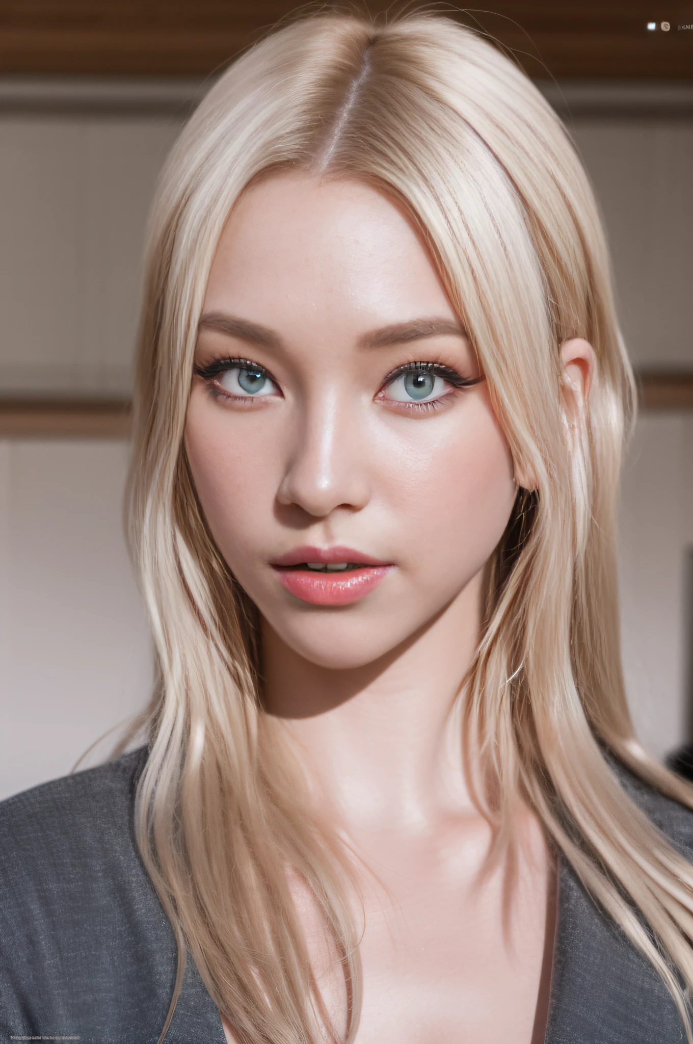 (8K, 4K, Best quality, high resolutions, ultra hi-res:1.1), (Masterpiece, Realistic, photo-realistic:1.1), 1girls, Face, Close-up, twintail, Blonde hair, Black eyes, Red lips, (Looking in the audience:2),Absurd long hair,long eyelash,eyeshadow,small face,large eyes,naked shoulders,high-contrast,Realism,ultra hi-res