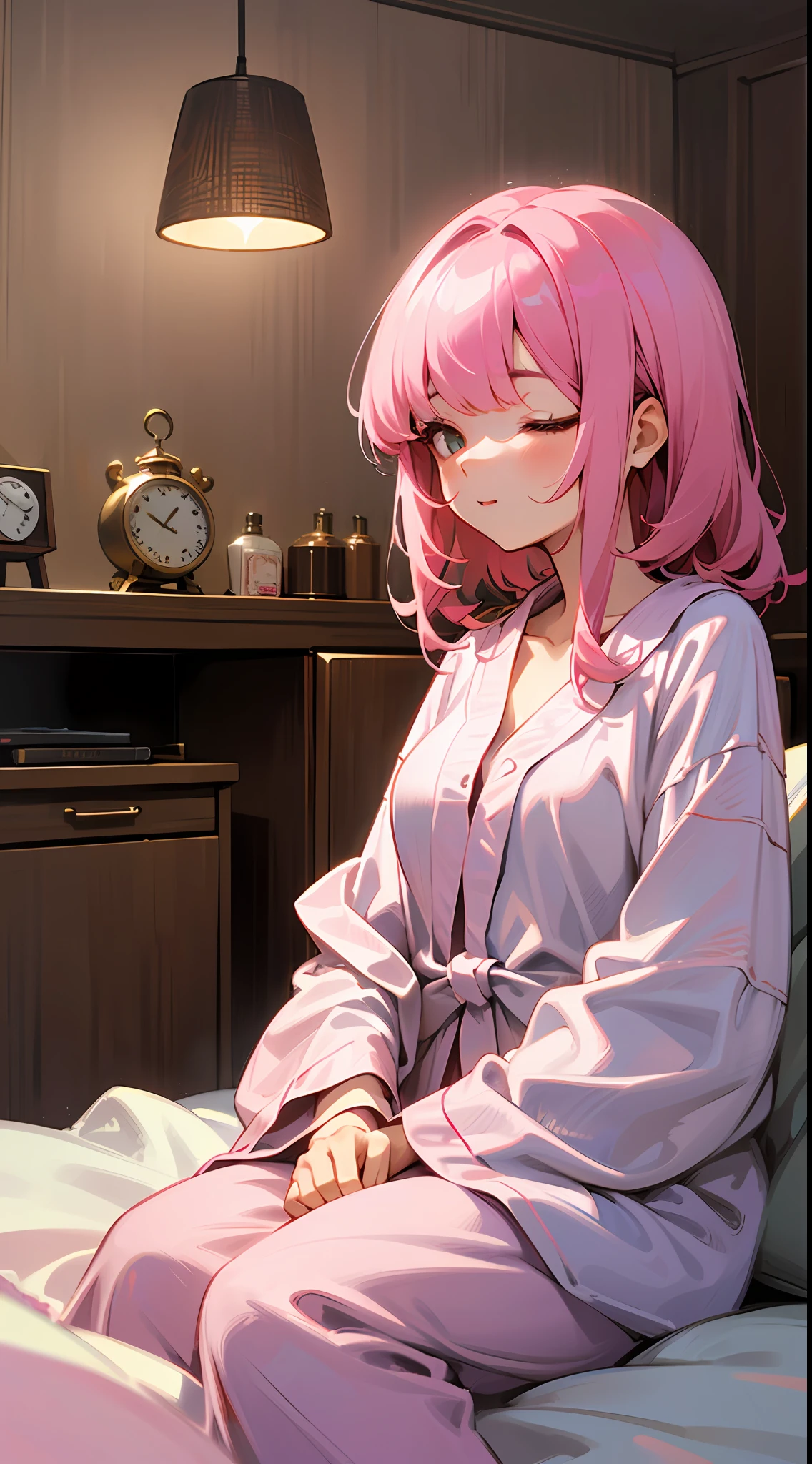 maximum quality、Intrincated detailed、8K、4 k、Highresolution、Intrincated detailed、Medium hair in pink color、Shedding bangs to the right、Upper body is shown、Wooden bedroom、(Sleeping in bed)、(Fantasy world)、Nightwear、dressing gown、dimly lit room、night、