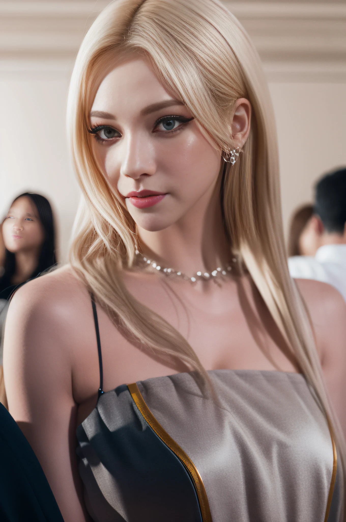 (8K, 4K, Best quality, high resolutions, ultra hi-res:1.1), (Masterpiece, Realistic, photo-realistic:1.1), 1girls, Face, Close-up, twintail, Blonde hair, Black eyes, Red lips, (Looking in the audience：2），Absurd long hair，long eyelash，eyeshadow，small face，large eyes，naked shoulders，high-contrast，Realism，ultra hi-res