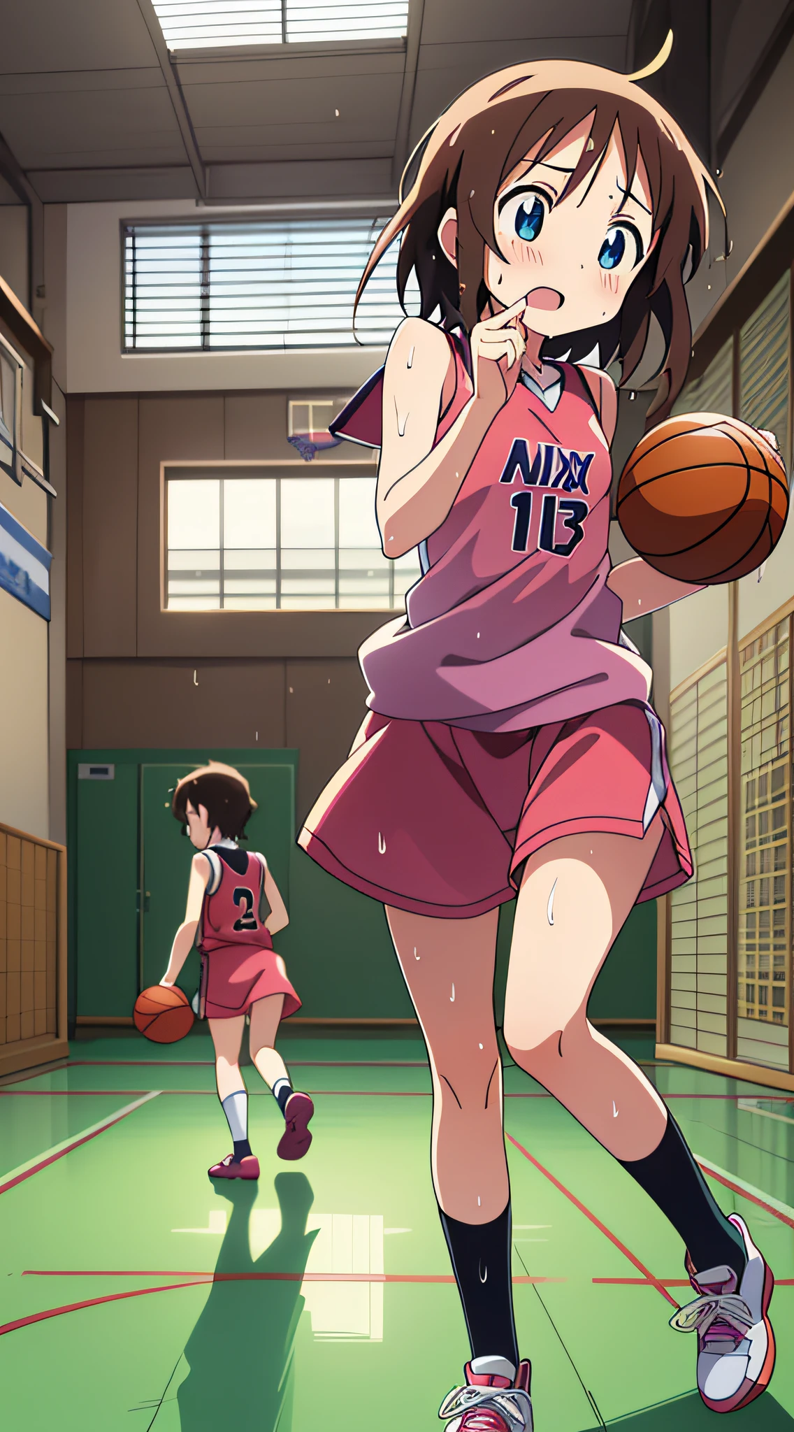 (maximum quality,Anime,Anime Art Style:1.2) yuyushiki, , Young girls at 13 years old, Wet with sweat、Playing the Basketball, (Looking away:1.5),sleeveless,During a basketball game