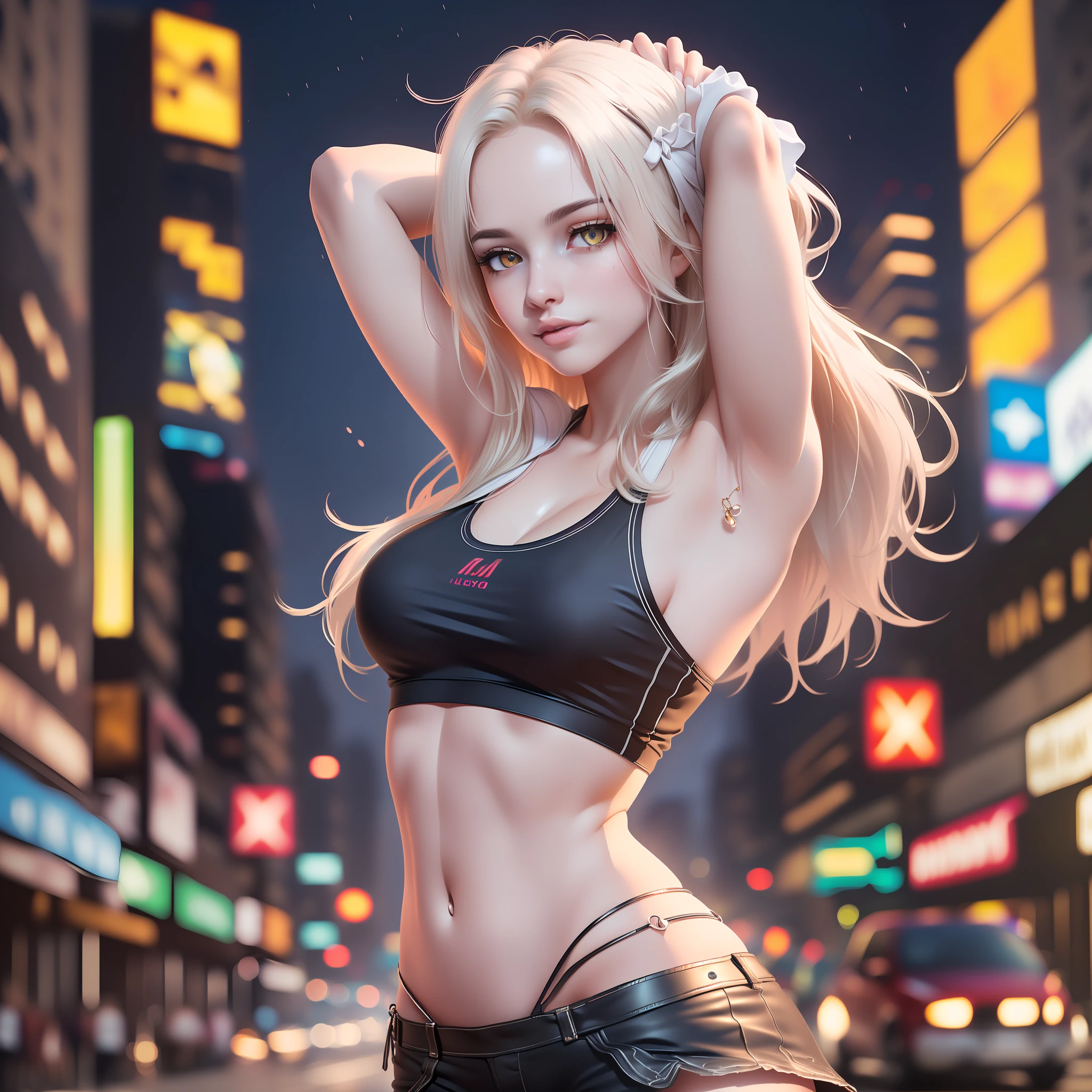 gorgeous blonde woman with wavy hair detailed alluring eyes Thigh gap long sexy legs wearing tiny shorts tshirt in beautiful futuristic cyberpunk+ city, mist, wet, raining, best quality masterpiece, photorealistic, detailed, 8k, HDR, shallow depth of field, broad light, high contrast, backlighting, bloom, light sparkles, chromatic aberration, sharp focus, RAW color photo