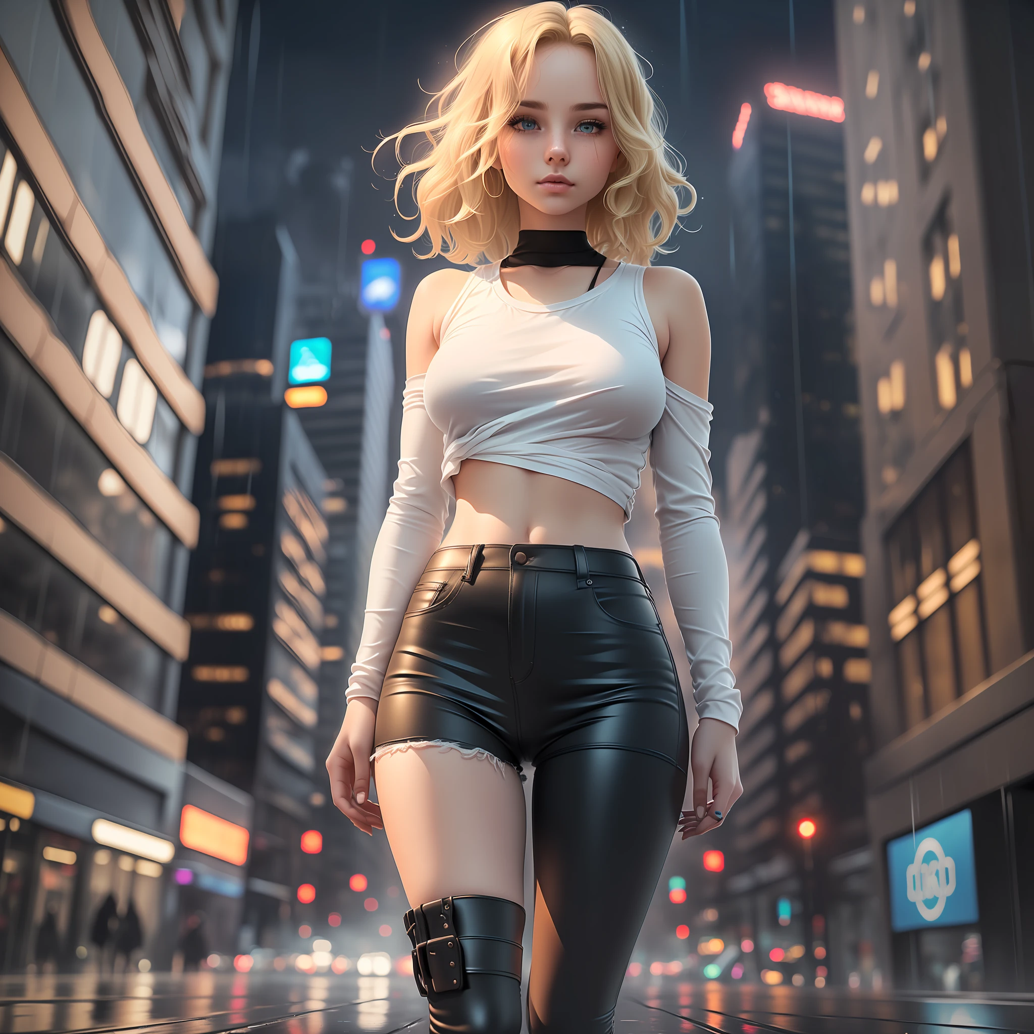 gorgeous blonde woman with wavy hair detailed alluring eyes Thigh gap long sexy legs wearing tiny shorts tshirt in beautiful futuristic cyberpunk+ city, mist, wet, raining, best quality masterpiece, photorealistic, detailed, 8k, HDR, shallow depth of field, broad light, high contrast, backlighting, bloom, light sparkles, chromatic aberration, sharp focus, RAW color photo