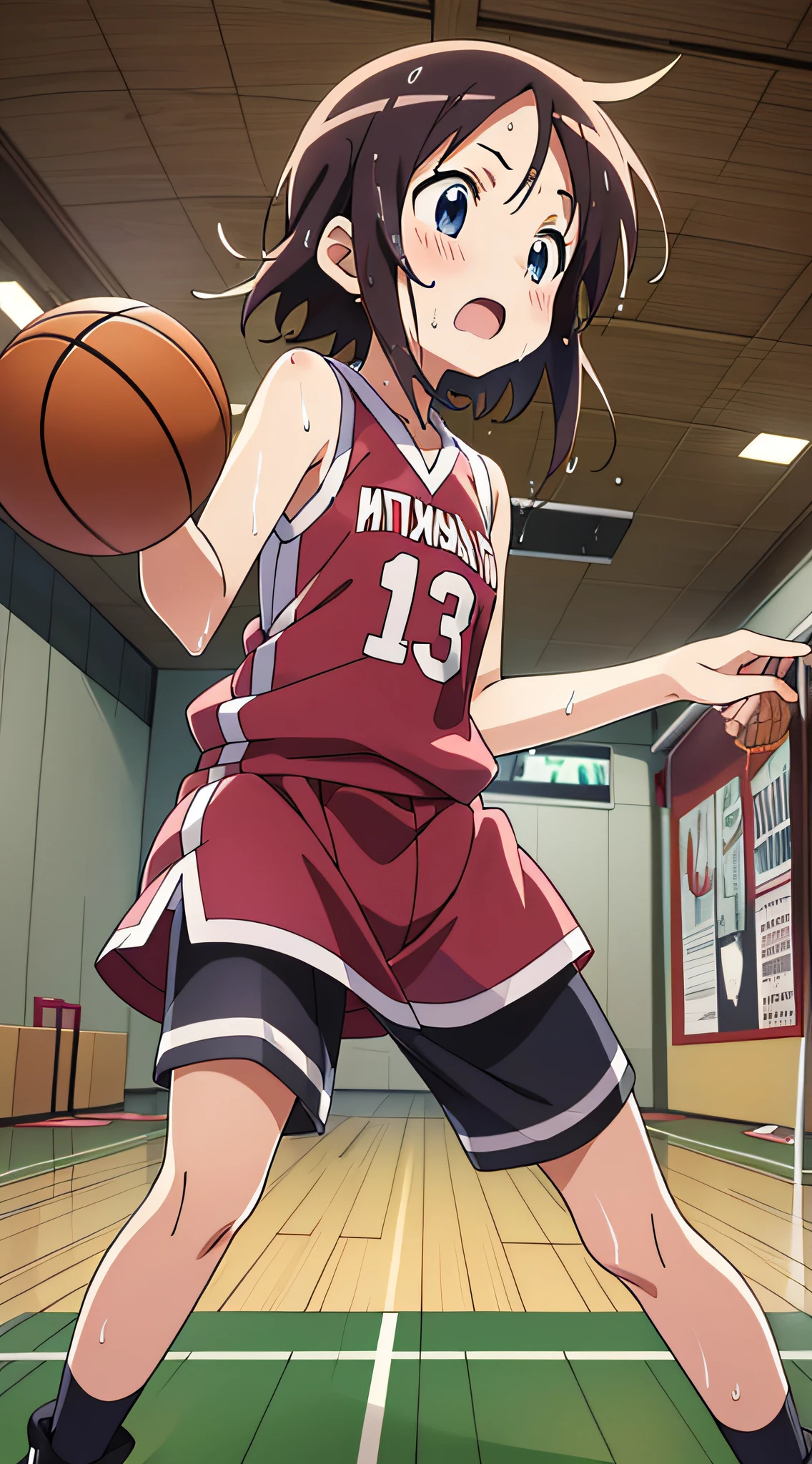 (maximum quality,Anime,Anime Art Style:1.2) yuyushiki, , Young girls , Wet with sweat、Playing the Basketball, (Looking away:1.5),sleeveless,During a basketball game