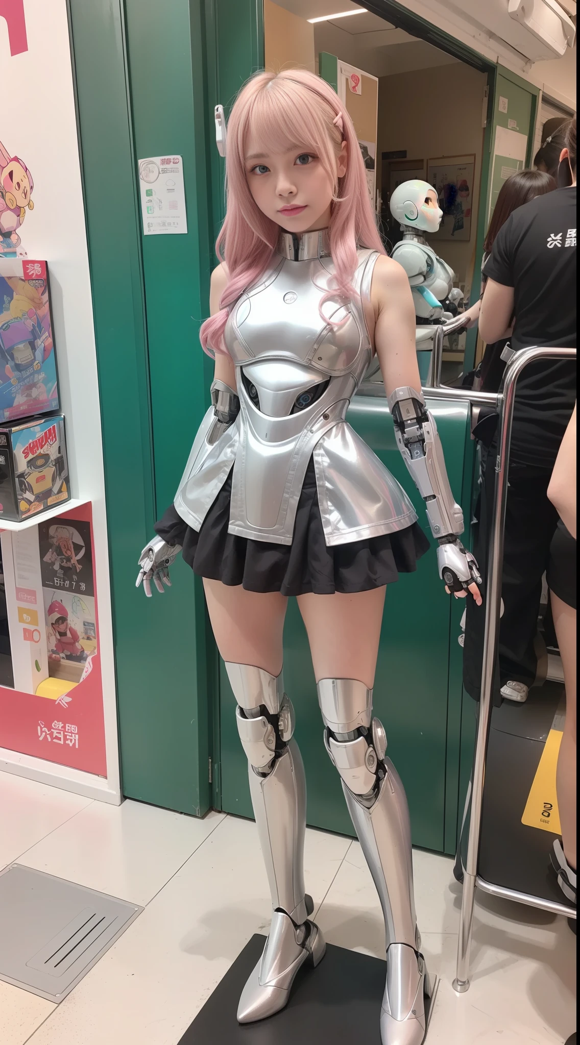 (photorealestic:1.4)、The girls1guys、(maximum quality),(hyperdetailed face)、(Super well-formed face)、((Robot Parts))、(Cyborg girl)、(pink)、(Silver)、(metallic)、(all-body)、(Moe Pose)、(Thin)、(titts)、(Model body type)、(mecha exposure)、(akihabara)、(is looking at the camera)、(brunet)、(9Head and body)、(Small face)、(Well-formed fingers)、(god statue)、(front facing)、(standing a)、(Photo session)、(Looks sad)、(Cyborg girl in costume)、(sleeveless)、(miniskirts)
