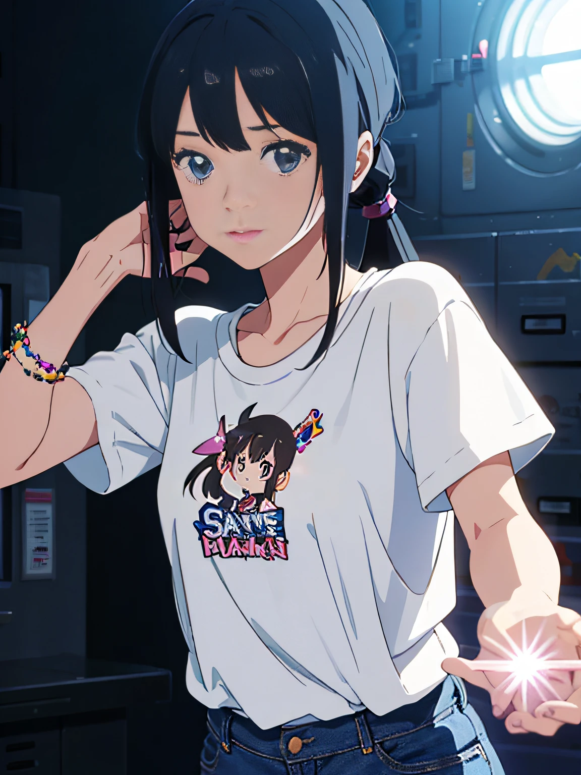 high picture quality、High-resolution CG illustrations、White T-shirt、Blue Jeans、Girl with black hair tied back、Magic gems shine、Anime Style --auto