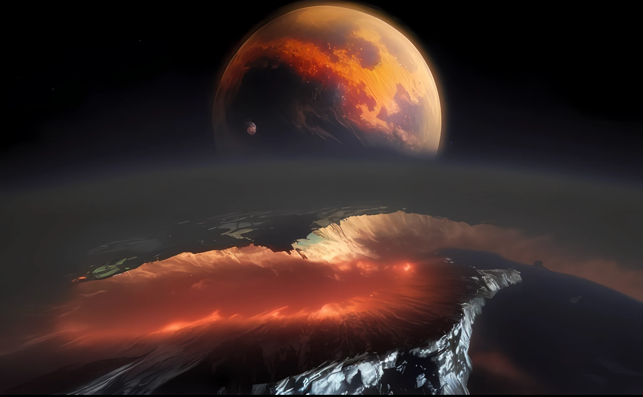 a view of a planet with a red cloud and a red moon, alien surface planet, cyberpunc,3D modeling,cinematic mood,Futuristic sci-fi sense, landscape of an alien world, fantasy planet, red rising planet, planet surface, large planet in the background, ocean on alien planet titan, alien planet covered in water, alien world, other worlds, alien breathtaking landscape, Destroyed planet