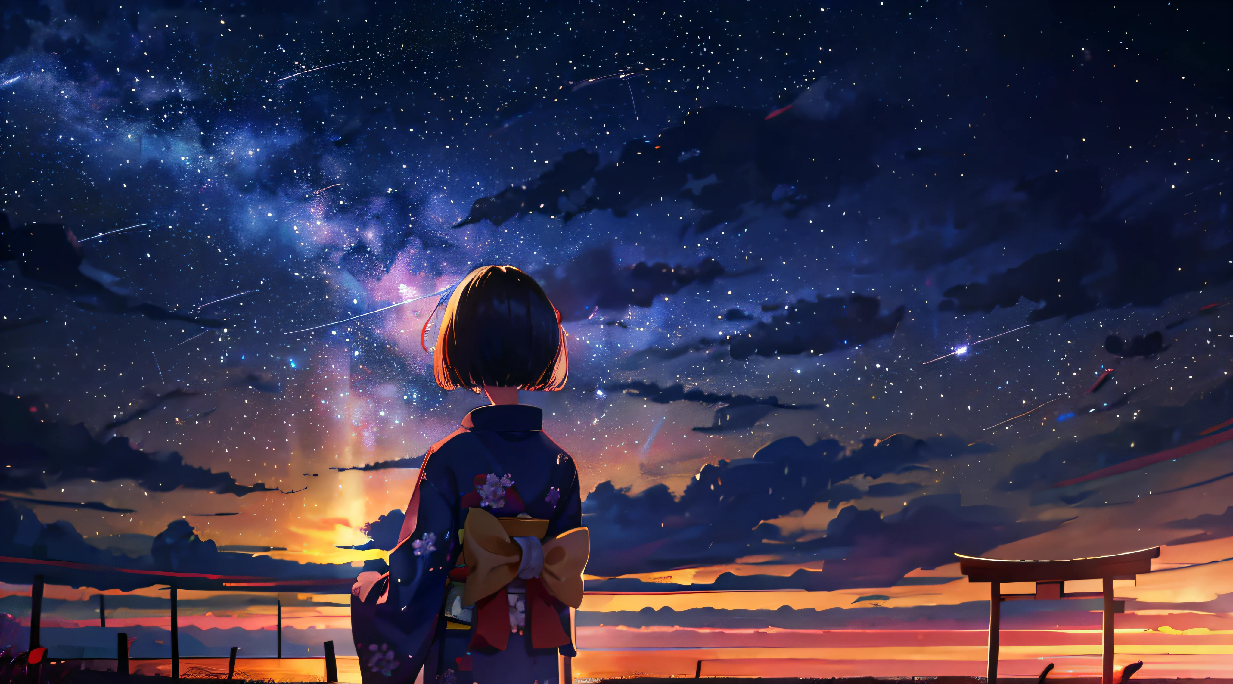 One, distant girl in kimono staring at the stars (reduced: 1.1), (meteor shower: 1.2), (comet: 1.1), your name, low angle, from behind, arrow labrealis shooting star, yukata, red kimono, cherry blossoms, highest quality standing in the field, masterpiece, clouds, colorful, starry sky, stars,