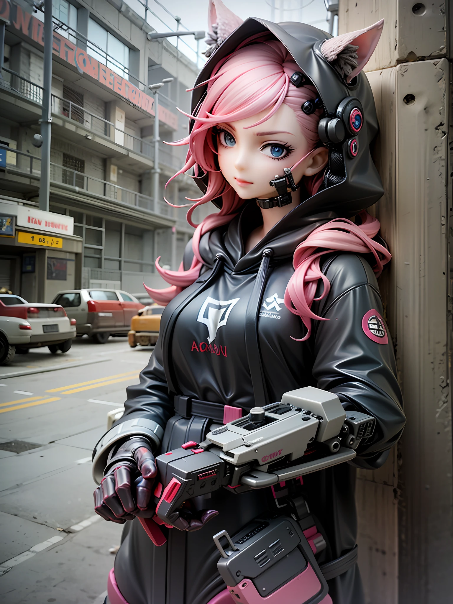 1girl,Machine Man、Pink hair、Dark atmosphere、glaring、Blue eyes、Black Cat Ear Food、Hiding the machine part with a hood、Have a huge chainsaw