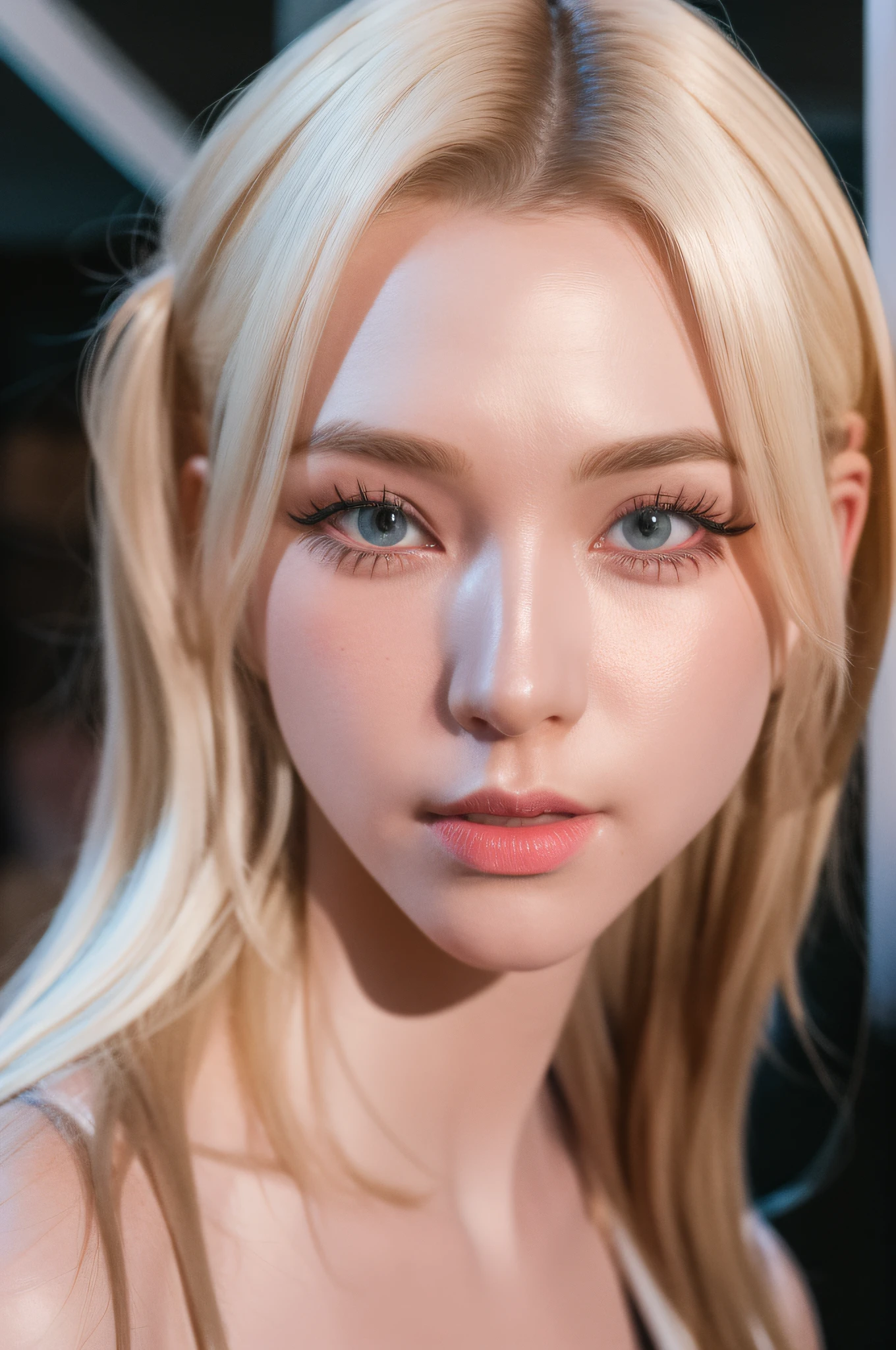 (8k, 4k, best quality, highres, ultra high res:1.1), (masterpiece, realistic, photo-realistic:1.1), 1girl, face, close-up, twintails, blonde hair, black eyes, red lips, (Looking in the audience:2),Absurd long hair,long eyelash,eyeshadow,small face,large eyes,naked shoulders,high-contrast,Realism,ultra hi-res