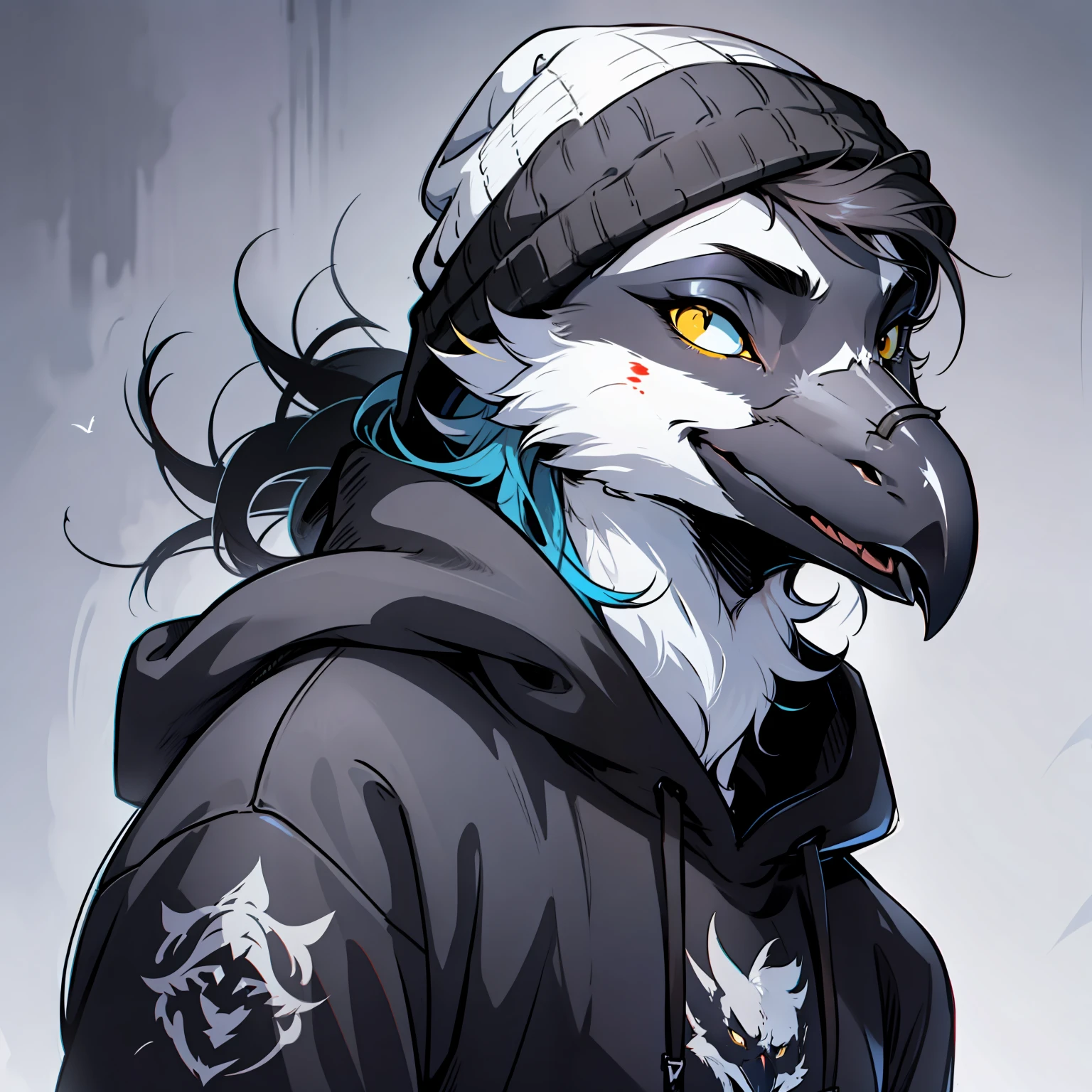 anthro avian bird, beak, (yellow beak), tired, sleep deprived, bags under eyes, male, (black), early morning, staring, close up, headshot,  bloodstainai, strong outlines, high contrast, bright colors, beanie, hoodie, long hair, simple background, relaxed, profile picture, portrait,