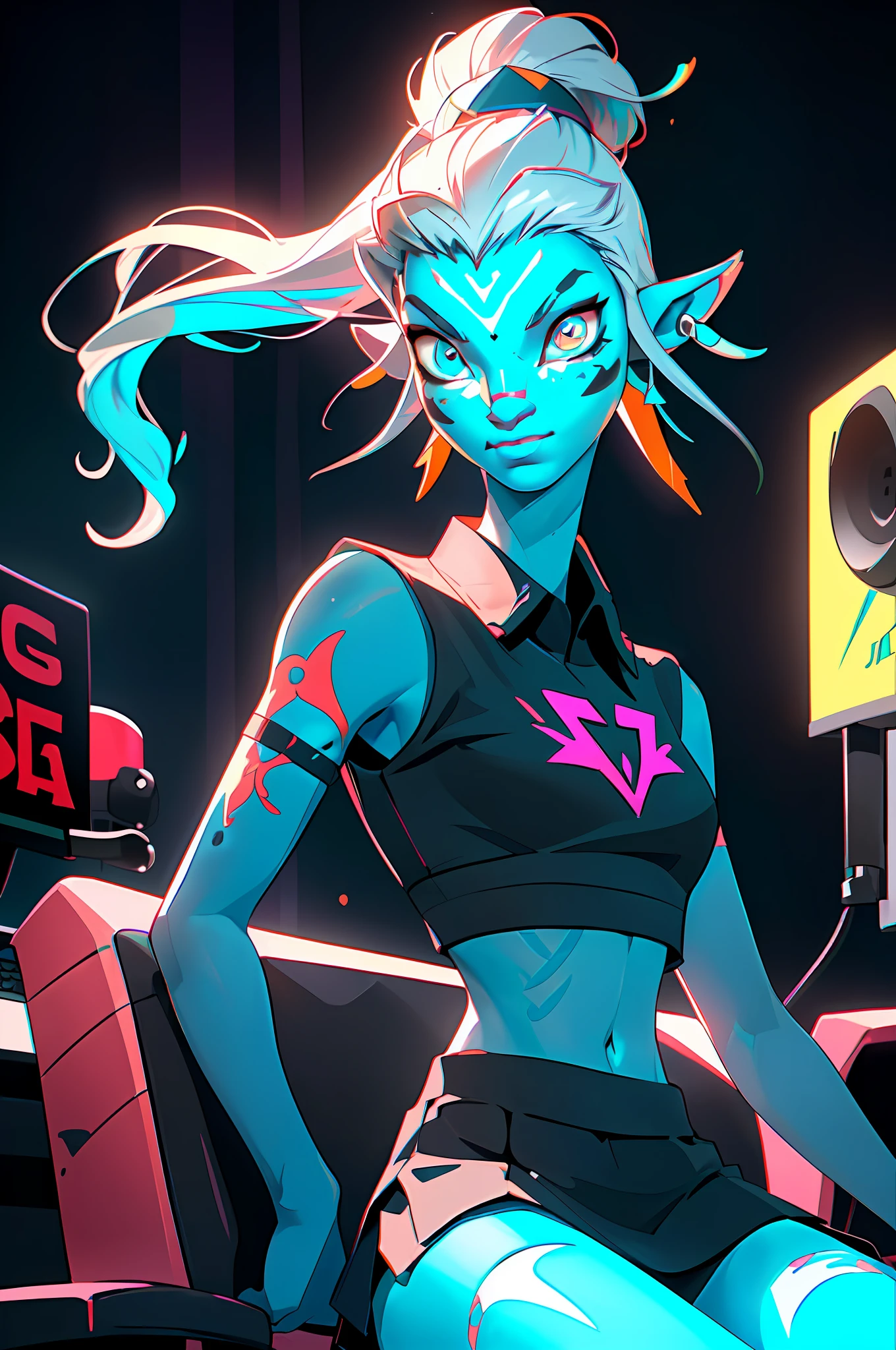 (((((7 avatar shot)))), Silver Wolf, Masterpiece, Best Quality, Ultra Detailed, Extremely Detailed 16k CG Wallpaper, Beautiful Face, (Silver Wolf in Esports Room), (Perfect Beautiful Curved Figure), Seated, Rainbow Color Jewel Eyes, Wearing Resin Hologram Sports Bra, Crop Top Drape, Mini Pleated Skirt, Bell Collar, Logo, Impotence, Contour Light, Concert, Neon Sign, Audio, Bell Collar, Esports Headset, Computer, Esports Room, Play Games, White Interior Through Red Skin, holographic projection, flat sphere, graffiti logo, highly detailed tattoo_, Authoring information