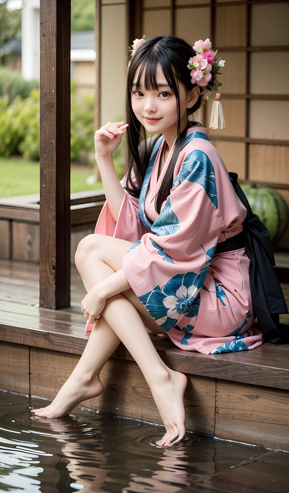 1 girl、masterwork、maximum quality、Realstic、half up、16歳、Japan houses、Thin kimono、Sitting on the porch、water melon、Sorrisos、extremely detailed