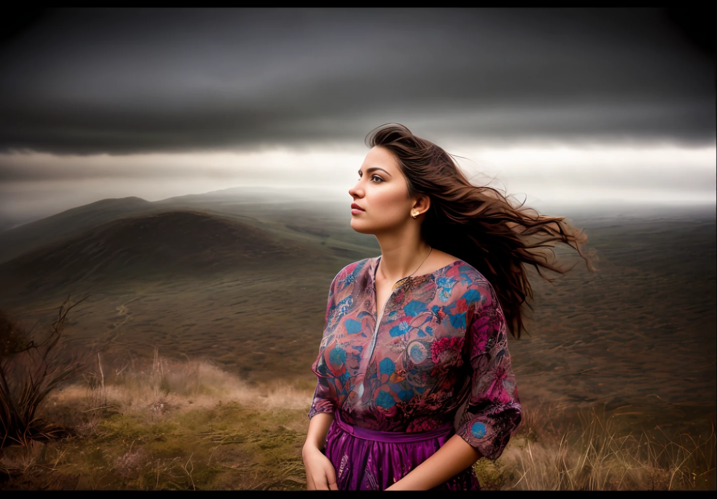 Immerse yourself in the colourful world of detail , GinaGerson the enigmatic dreamweaver, gazes into the distance with an air of quiet contemplation. Her secrets are hidden beneath the surface, like the layers of a misty morning. The soft hues of dawn embrace her delicate features, highlighting the gentle curve of her lips as they form a half-smile, hinting at the mysteries she holds. She gazes across the savanna watching the distant horseman approach. Long exposure photography dramatic lighting, Photographed by David bailey using Hasselblad’s flagship mirrorless medium format camera X2D 100C. 1000mps ,bold vibrant colours