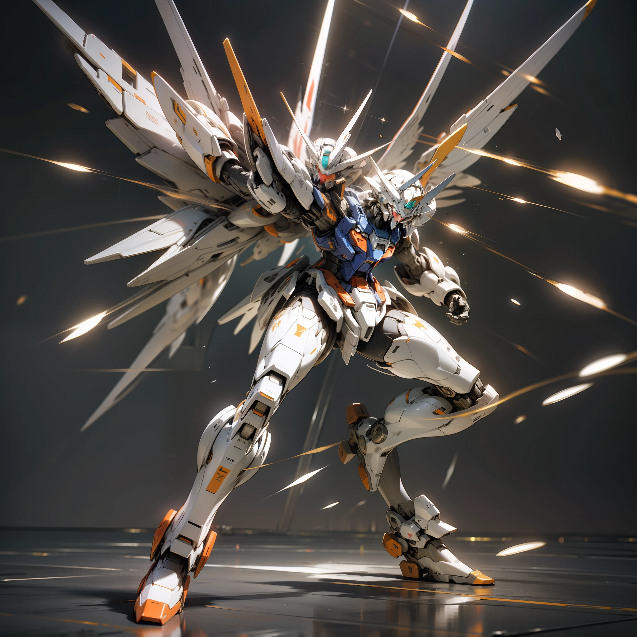 Dynamic photography, Fuji, Long exposure, a white and orange Gundam mecha, in the style of Gundam, spread the wings, lens perspective with a sense of story, displayed in a fighting posture, dispersion, Feature article, Studio environment, Fighting posture, soft ambient light, with high-definition details, Metallic texture and tension composition, ultrarealistic,C4D, OC Render, 3D, ultra HD16k,