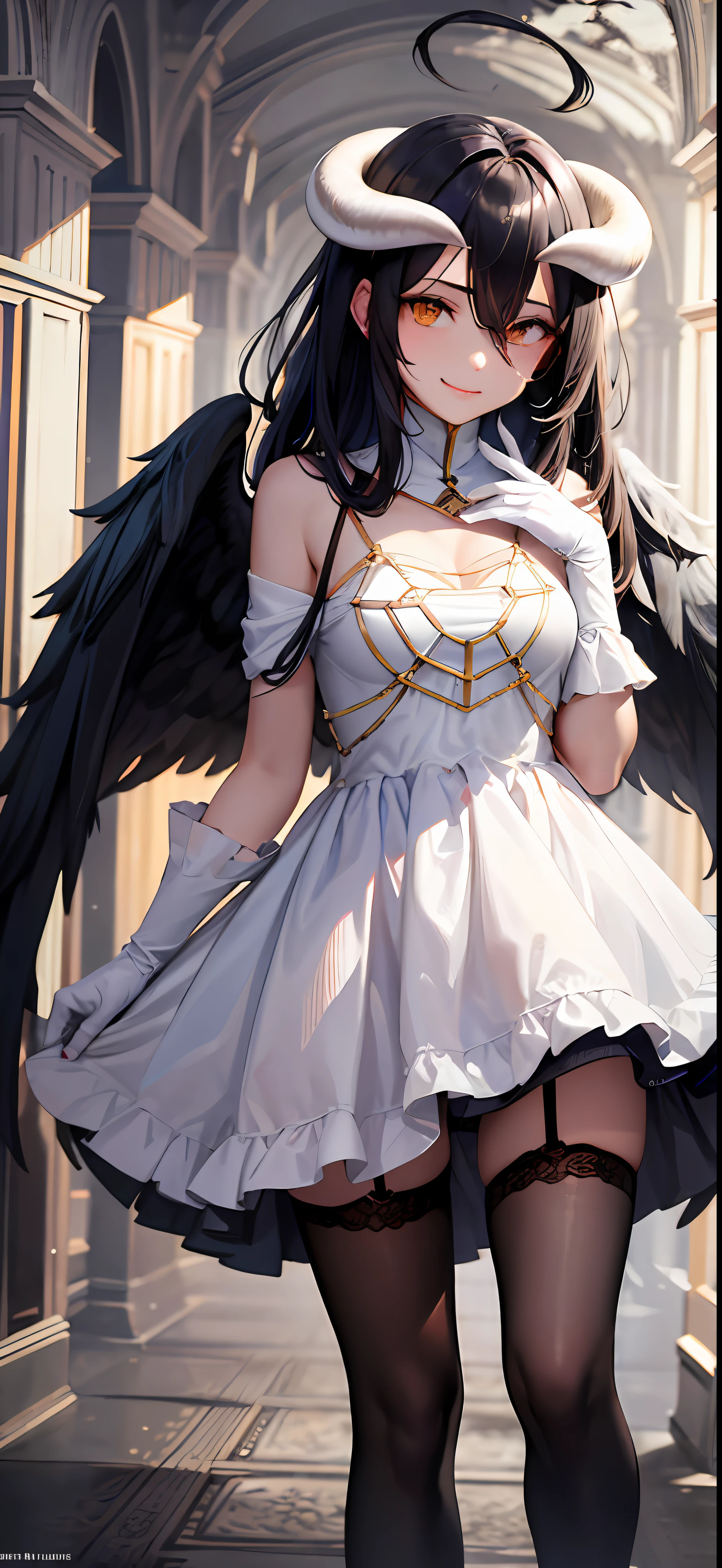 Meisterwerk, best qualit, high res, al1, demon horns, geschlitzte Pupillen, white gloves, white dress, nackte Schultern, Abnehmbarer Kragen, Spaltung, black wings, feathered wings, low wings, Cowboy erschossen, stehend, Verlies, evil smile, Die Hand ausstrecken, Ausgebreitete Arme, ausgestreckte Arme,