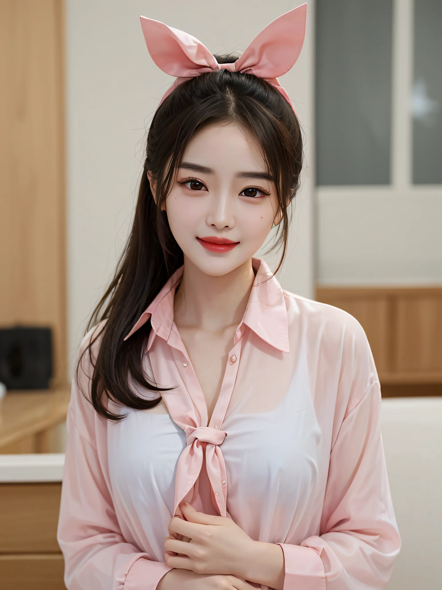 Characters: Real people, peerless beauty, cute girl, single, ((((Liu Yifei's girl with facial features))), Face: Delicate and beautiful facial features, oily red lips, sweet smile, smile, smile toothless, pure, blushing face, exquisite CG, Body: delicate skin, shiny, moisturized skin, Wearing: ((Bunny girl)), (pink translucent blouse 1.5), (blue and red) smart bow tie, unbuttoned Image quality: highest quality, masterpiece, vista, Rating: Safe