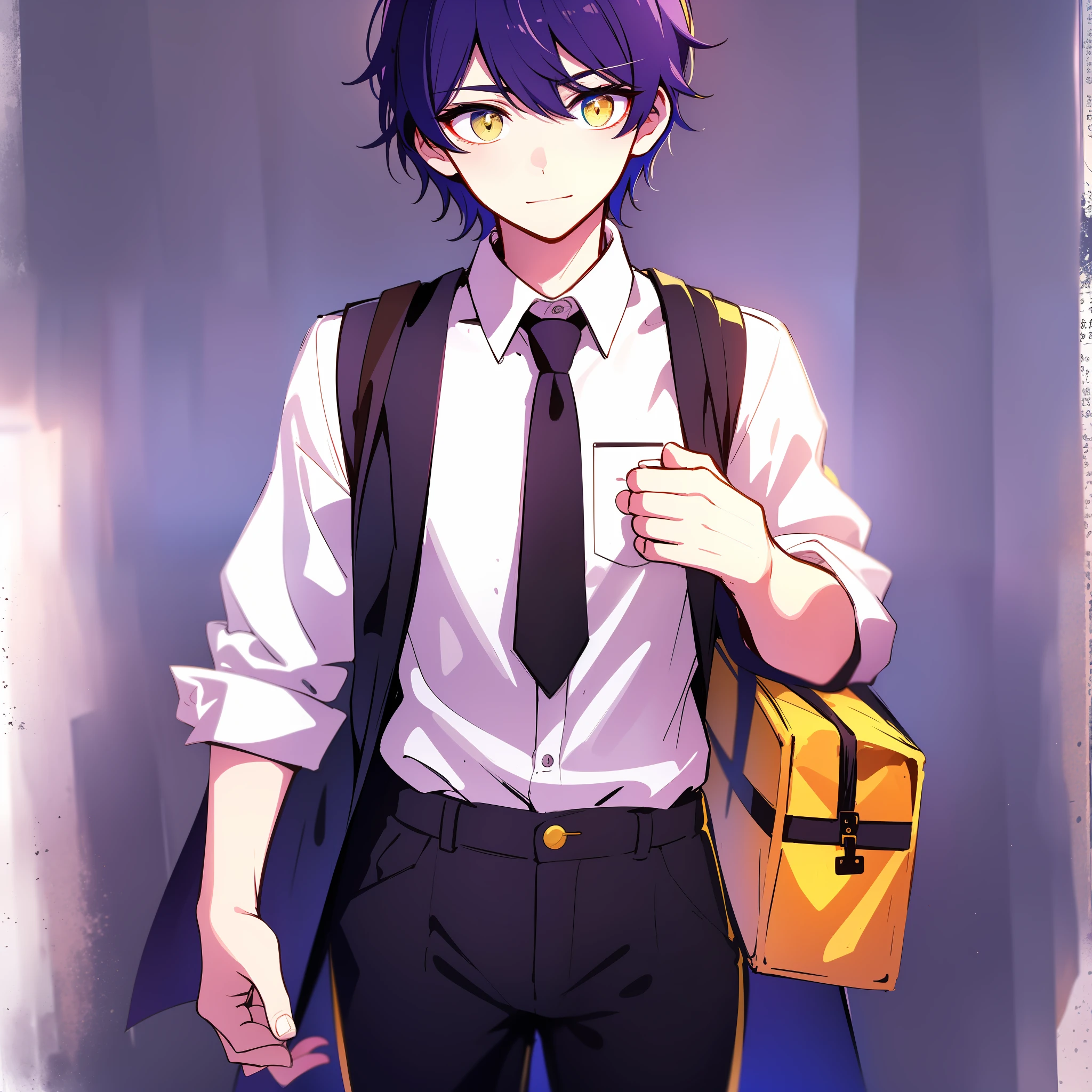 Al final de la escuela, a boy with black hair and a yellow face, Llevar un delicado uniforme escolar azul y blanco, Zapatillas azules y blancas, y una colorida mochila deportiva en la mano, with brilliant purple starry eyes and white skin against the background, is amazing. There is also a strange girl next to him., lo que desencadena sus antecedentes, highlighting his handsomeness and confidence even more. Sus rasgos faciales son delicados, more like a character coming out of a painting, making it difficult to look away. The black school uniform pants accentuate his tall figure even more. This painting makes people feel the excitement and vitality of school after school., and also makes people full of good luck about the mystery and charm of this boy