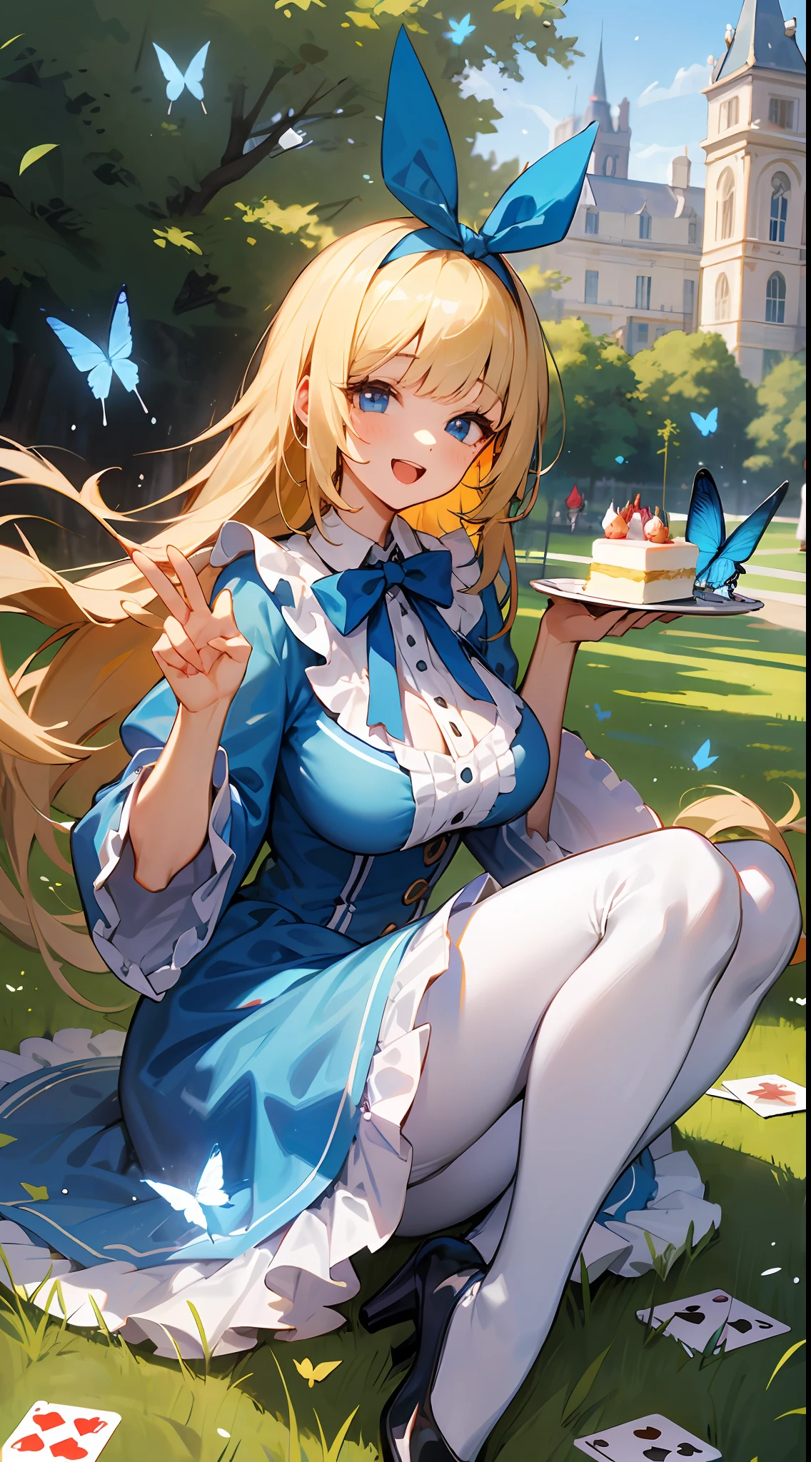 1girls, (cakes \\(medium\\):1.2), (facial:1.3), (solo focus:1.2), mature, breasts, Black footwear, Blonde hair, blue bow, Blue dress, Blue eyes, blue hairband, Blue ribbon, Blunt Bangs, Bow, butterflies, clk, dress, Floating hair, Frilled dress, frils, hair bow, hair tie, hair tie,High heels, Long hair, long sleeve, Open mouth, Smile, happy, big breasts 
White  pantyhose, Plante, playing card, ribbon, saucer, Wide sleeves, alice, Alice in Wonderland, absurdities, royal palace, (garden:1.1), grasses, on floor, (wariza:1.2), Outdoors, confeti, hdr, cakes