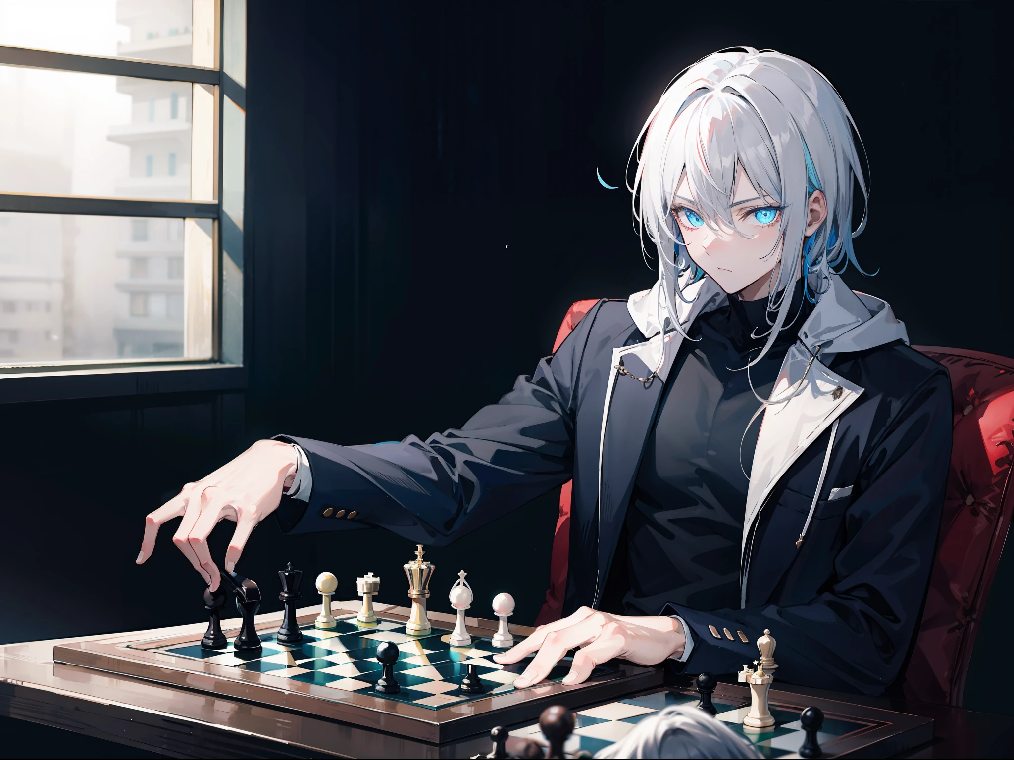 {[{{"Epic dark vibe, 4k artwork of a man with gray hair and light glowing blue eyes sitting at a chess board, contemplating his next move."}]}}