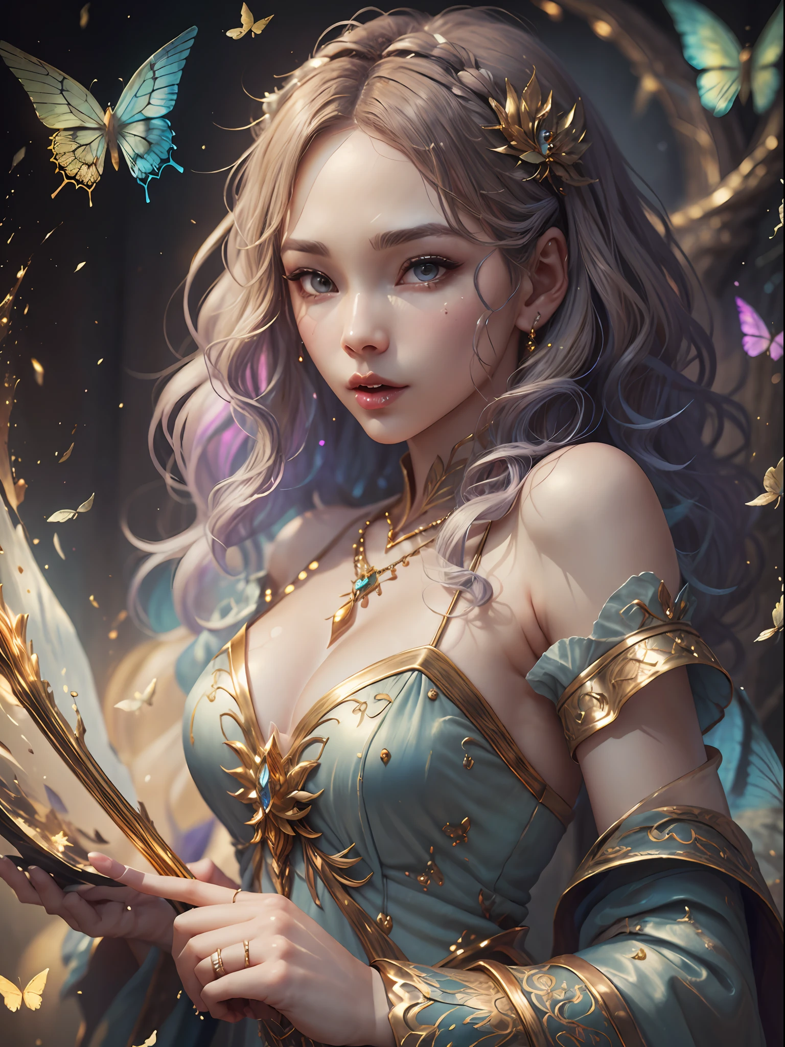 In the style of mythic and storybook fantasy, with rainbow colors. Generate a mature woman with a beautiful face. She is pouting. She has beautiful detailed eyes, 8k eyes, hires eyes, and realistic eyes. She has puffy lips and a big mouth. She has curly hair with a realistic texture, curls_hairstyle, side_swept_hair. Her clothes are made of silk and pearls, with intricate embroidery, wearing hc_gown.  ((Kimtaeyeon:1.2)), fantasy art, realistic art, subsurface scattering. Include phantasmal iridescence, bumps, and saturated colors. Include many fantasy and celestial details. Intricate details, enhanced details, CGI, unreal engine, unity engine, (fantasy00d:1.5), fantasy character, perfect body, masterpiece int, ((masterpiece)), ((fantasy clothing)), beautiful lighting, include floating ribbons and bows and highly detailed gilded butterflies. Light: Utilize innovative lighting techniques that enhance her eyes and enhance small details in the artwork. Camera: Utilize dynamic composition techniques to create an action-packed image that takes viewers on an adventure. Include rays of magic and rainbows