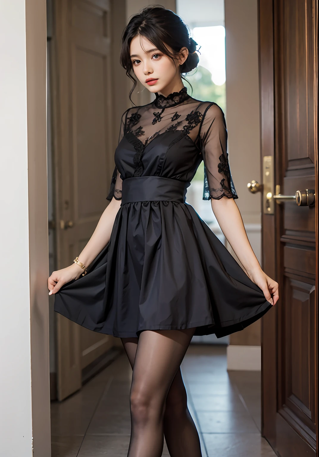 vestido cetim v decote anel preto meia 7\8 lace