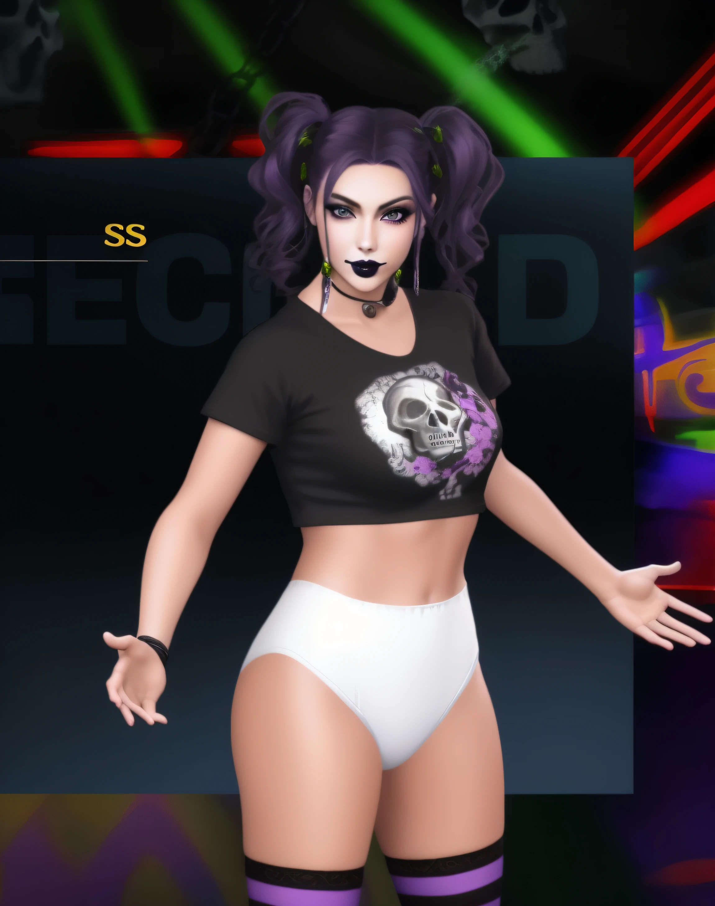 Purple-haired Caucasian woman, in black skull shirt and white cotton high cut panties, purple and black long socks, black lipstick, realistic art style, intricate details