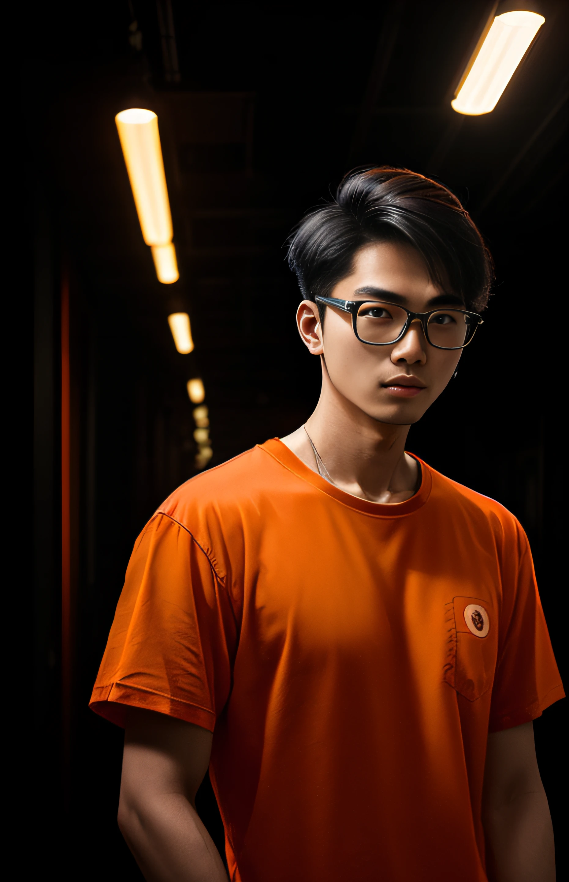 1man, a 20 y.o male, singaporean, (((wearing orange gorange shirt))), soft lighting, wear glasses,Comb-over hairstyle, masterpiece, best quality, 8k uhd, dslr, film grain, Fujifilm XT3 photorealistic painting art by midjourney and greg rutkowski,half body,black short hair