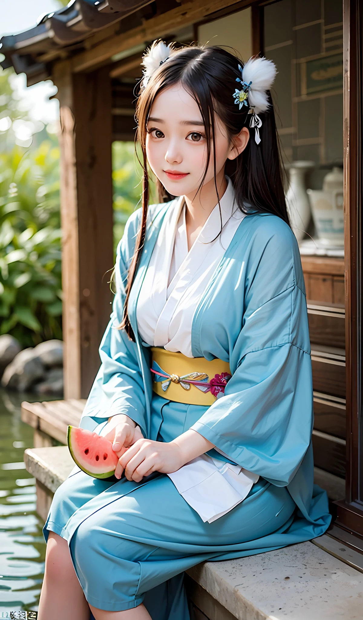 1 girl、masterwork、maximum quality、Realstic、half up、歳、Japan houses、Thin kimono、Sitting on the porch、water melon、Sorrisos、extremely detailed
