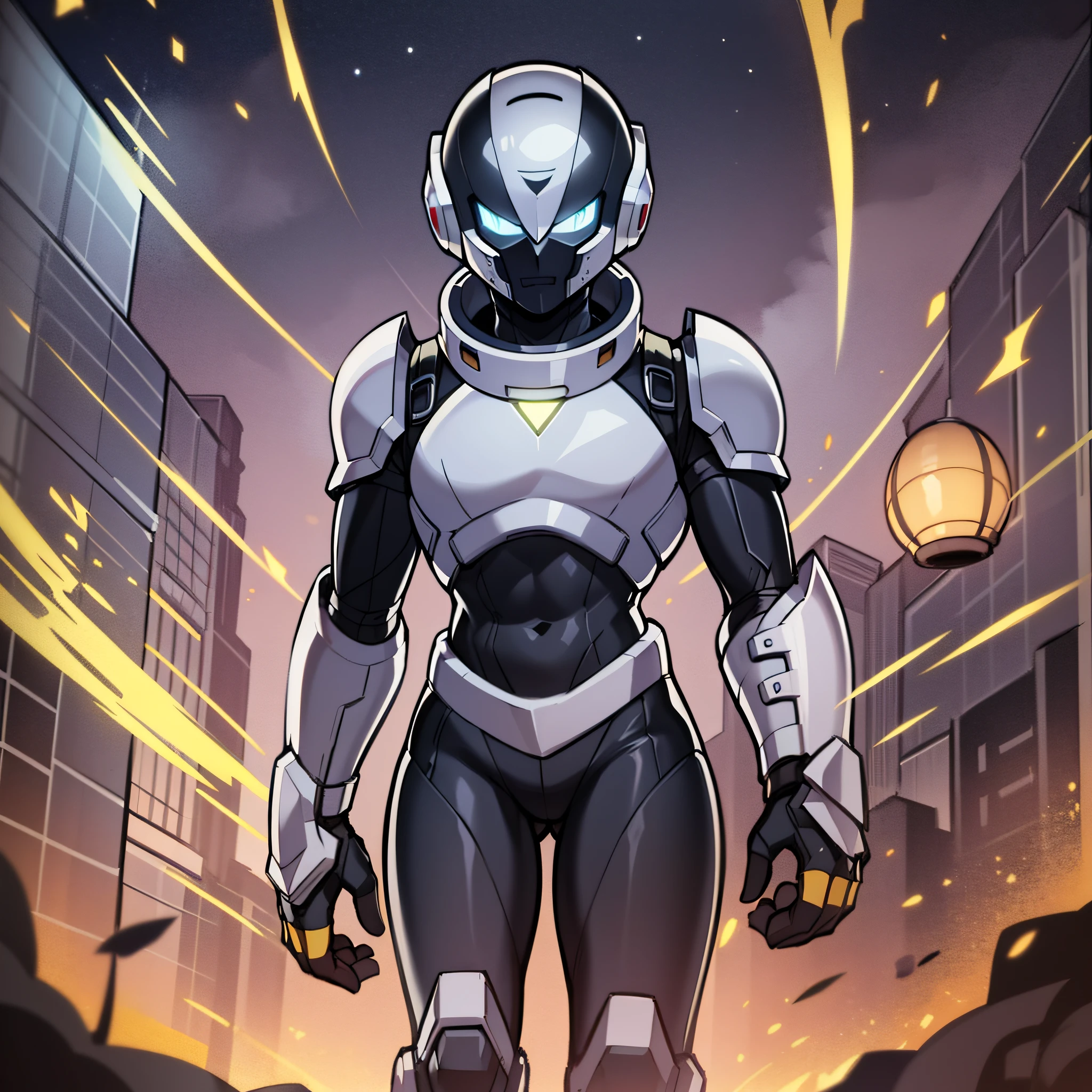 1boy, solo, tall, slim body, full body, short hair, black hair, blue eyes, white cyber armor, futuristic helmet, plasma cannon on arm, (masterpieces, 8K, HDR, best quality: 1.2), space city background