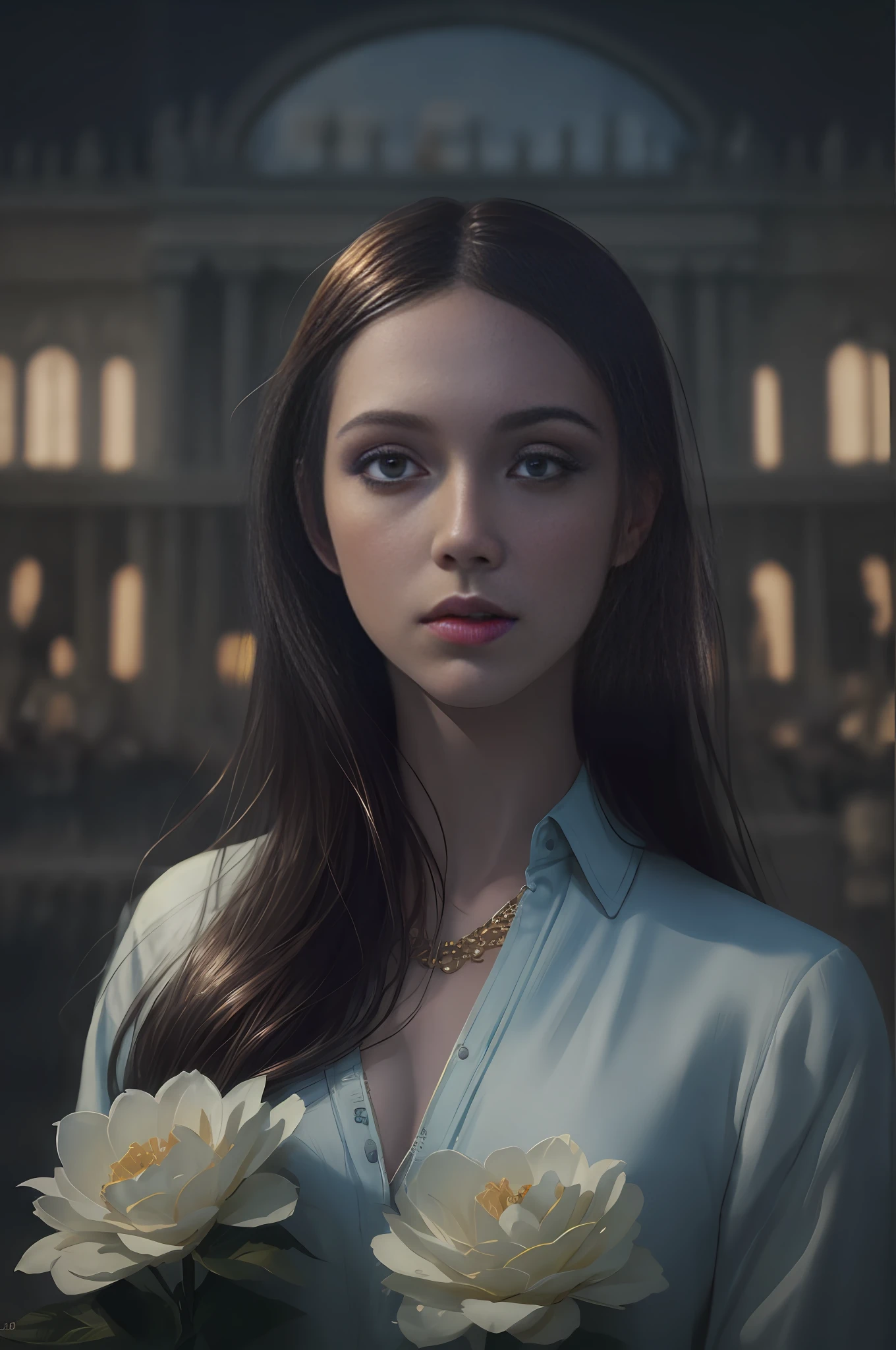 raining night,A beautiful woman in wearing school uniform, surrounded by vendors, beautiful portrait of a stunning goddess girl, beautiful detailed face, porcelain skin, half body shot, centered, ultra soft lighting, (Chateau de Versailles, Pisa Baptistery Of St. John background, Flowers,navel,crowd),symmetry, intricate, elegant, highly detailed, photorealistic, artstation, concept art, smooth, as imagined by greg rutkowski and borris vallejo, cover, vogue style