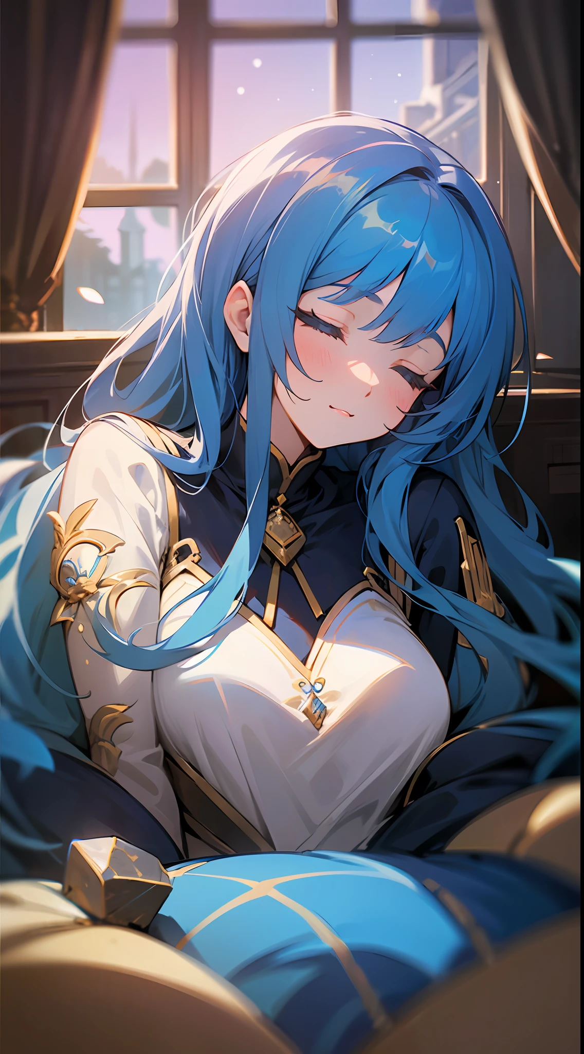 maximum quality、Intrincated detailed、8K、4K、Highresolution、Intrincated detailed、Long-haired girl with blue hair、Upper body is shown、Stone room、Sleeping in a frugal bed、(Fantasy world)、night、dim、