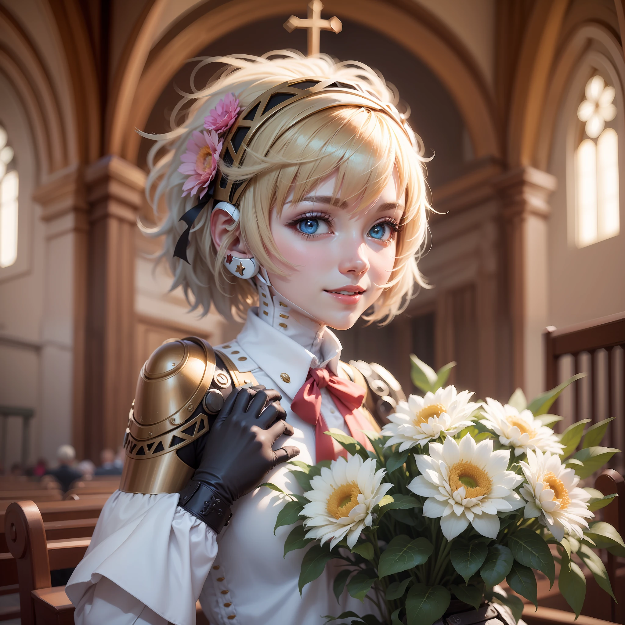 Estilo anime, Aigis no androide, vestido de boda, un ramo de flores azules y blancos, escenario de fondo una iglesia, pechos grandes, ojos humedecidos, sonrisa perfecta, cabello semi largo arreglado, vestido semi revelador, figura esbelta, anime animado, cabello hasta los hombros