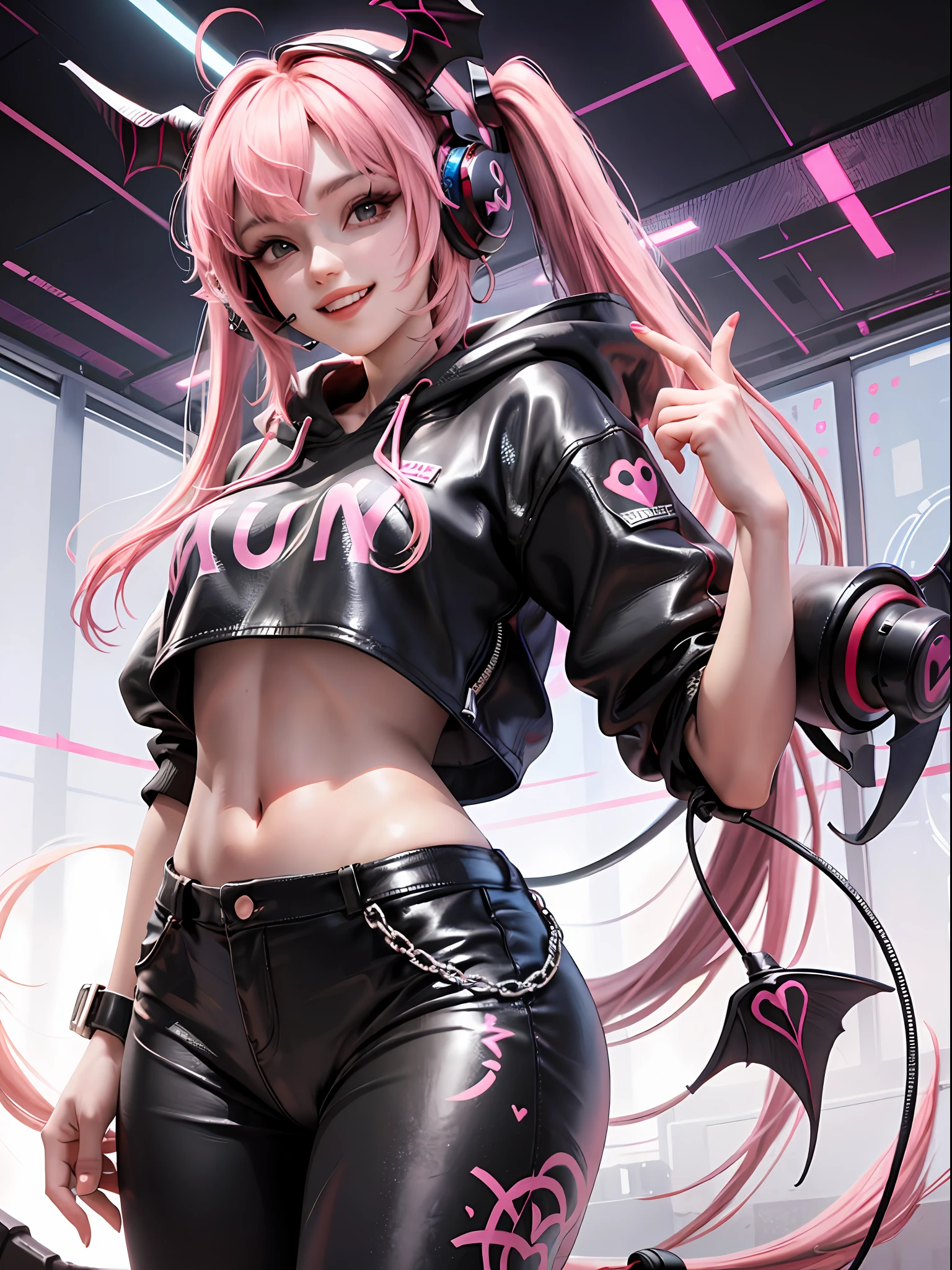 Pink hair。Long hair。twintails。Long pants cut off。hoodies。ear ring。Demon Wings。Heart-shaped chest。Heart logo。wide grin。Game Center。headphones。Black wings。One navel。Futomo。Navel Ejection。Put on the cap。